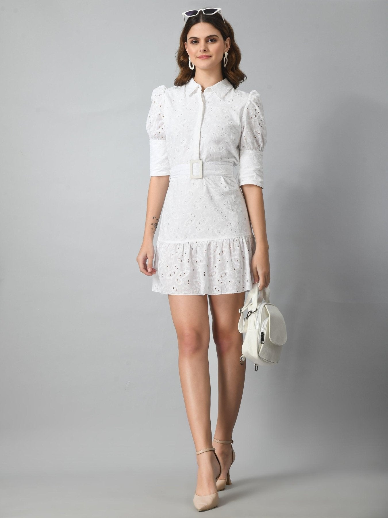 Womens Dress White Shirt Dress Puff Sleeve Lace Dress White Puff