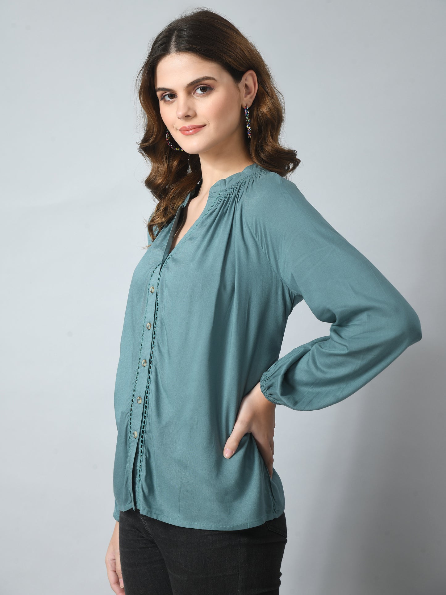SMERA MART Women's Viscose Button-Down Long Sleeve Blouse Top - Teal Green