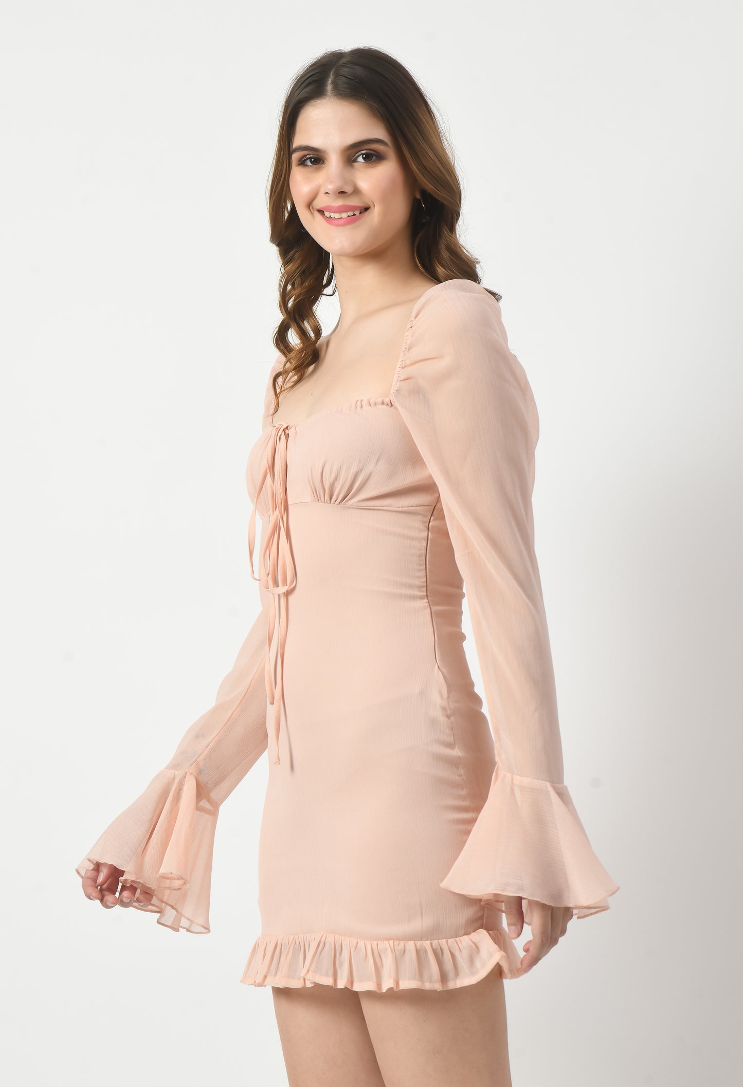 Womens Mini Bodycon Dress Drawstring Full Sleeve