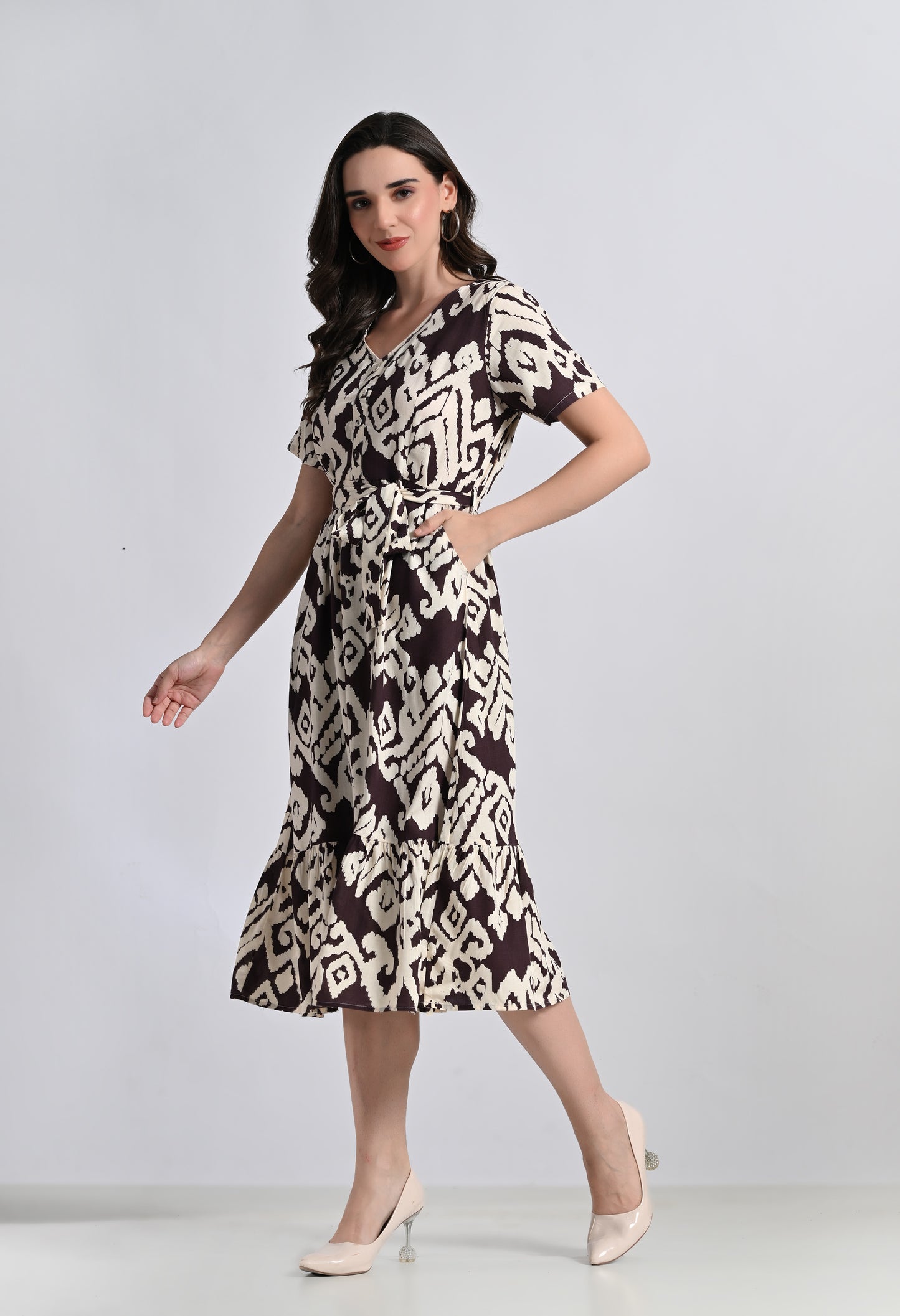 SMERA MART Women's V-Neck Ikat Print Midi Dress