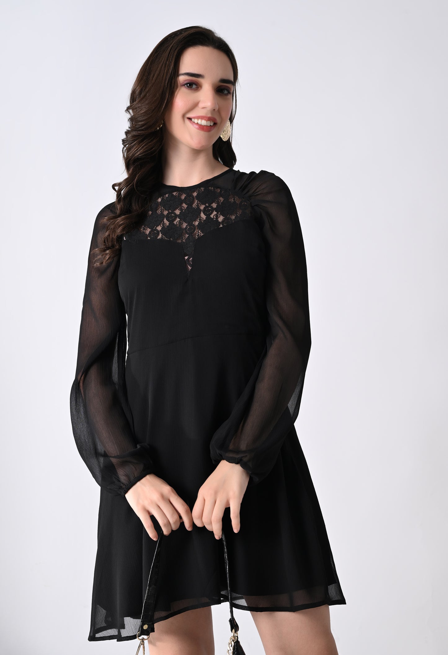 Women's Black Cocktail Dress with Lace Detail and Sheer Long Sleeves