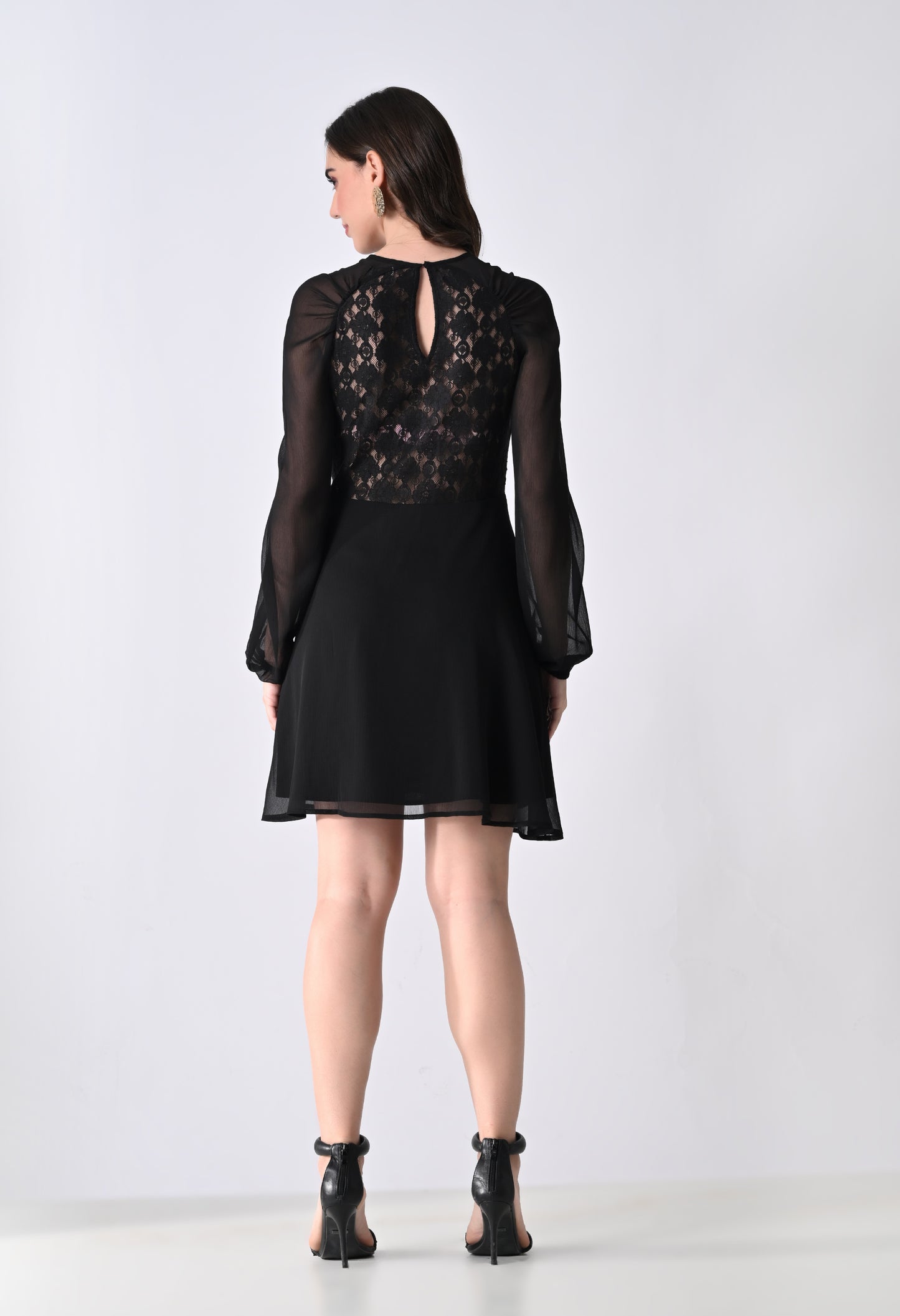 Women's Black Cocktail Dress with Lace Detail and Sheer Long Sleeves
