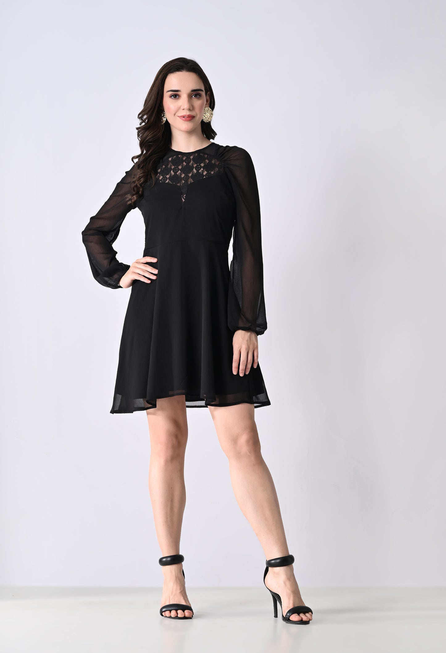 Women's Black Cocktail Dress with Lace Detail and Sheer Long Sleeves