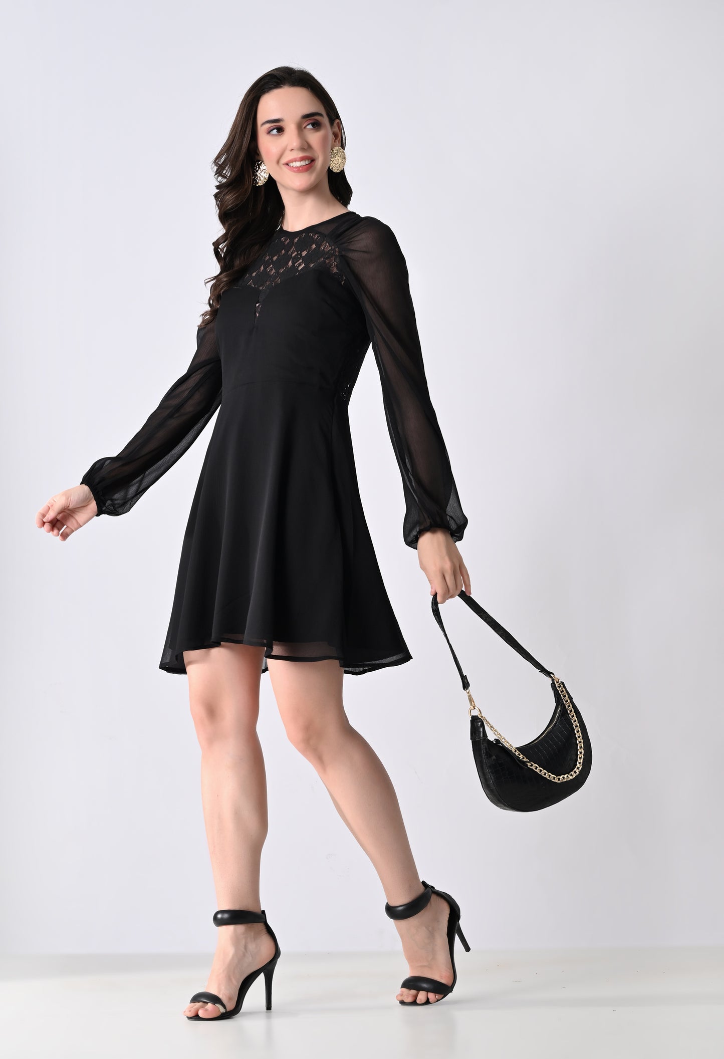 Women's Black Cocktail Dress with Lace Detail and Sheer Long Sleeves