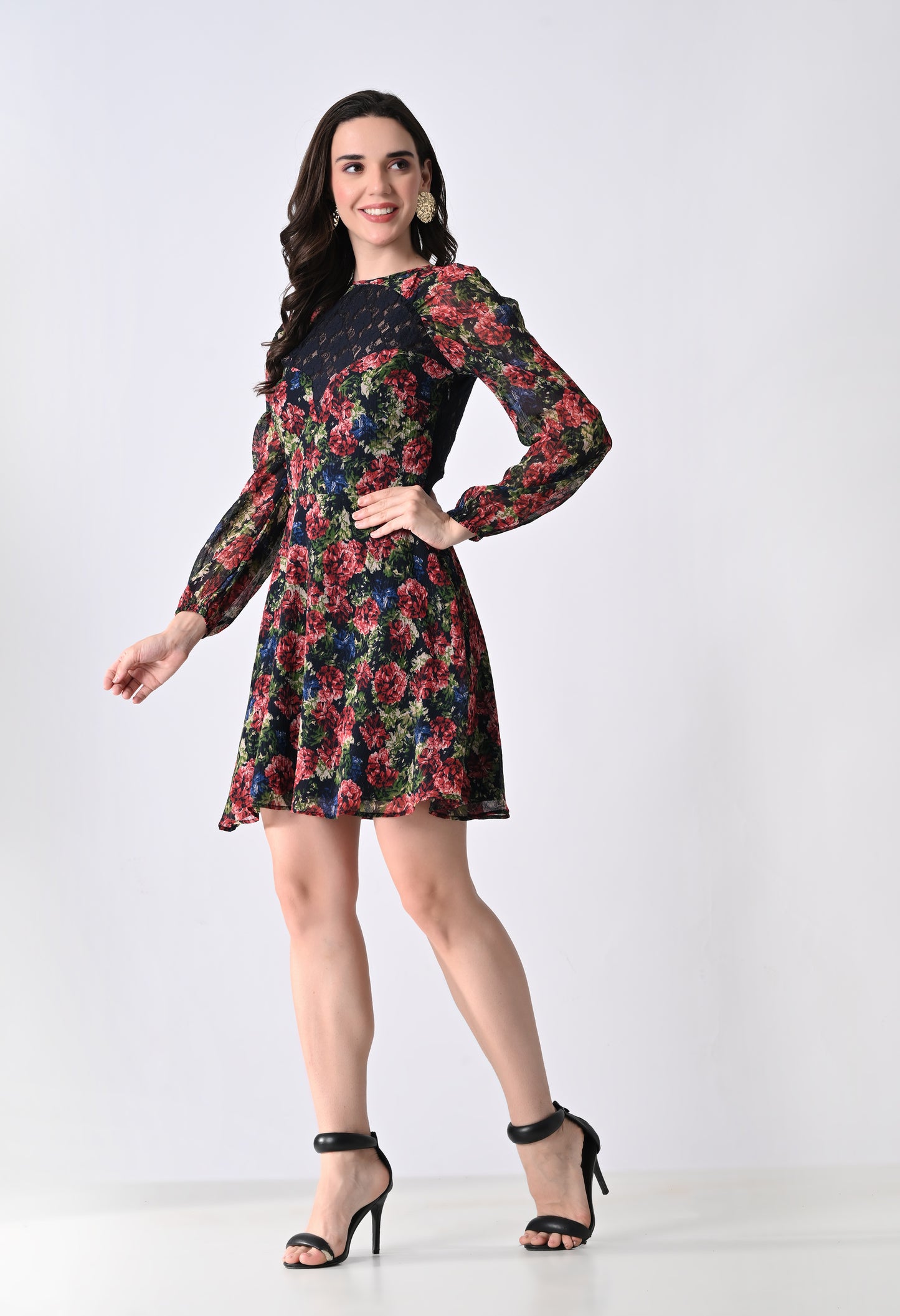 Women's Maroon Cocktail Dress with Lace Detail and Sheer Long Sleeves