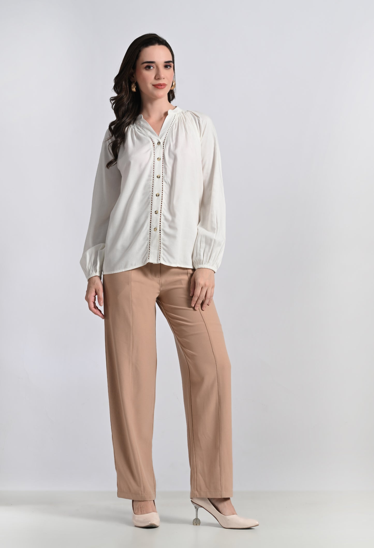 SMERA MART Women's Viscose Button-Down Long Sleeve Blouse Top - Off White