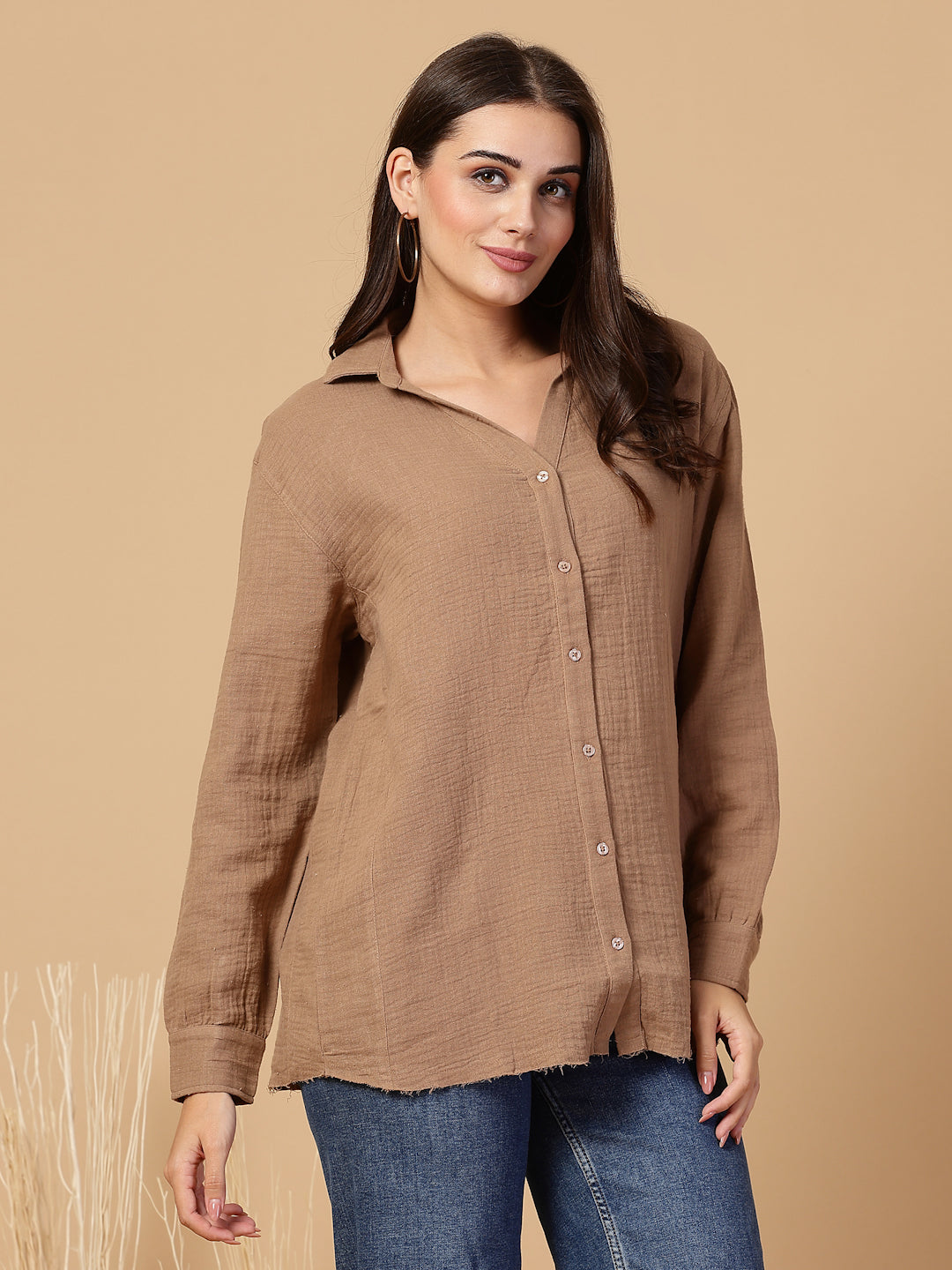 Women's Double Cloth Cotton Oversized Solid Casual Shirt for Women - Brown