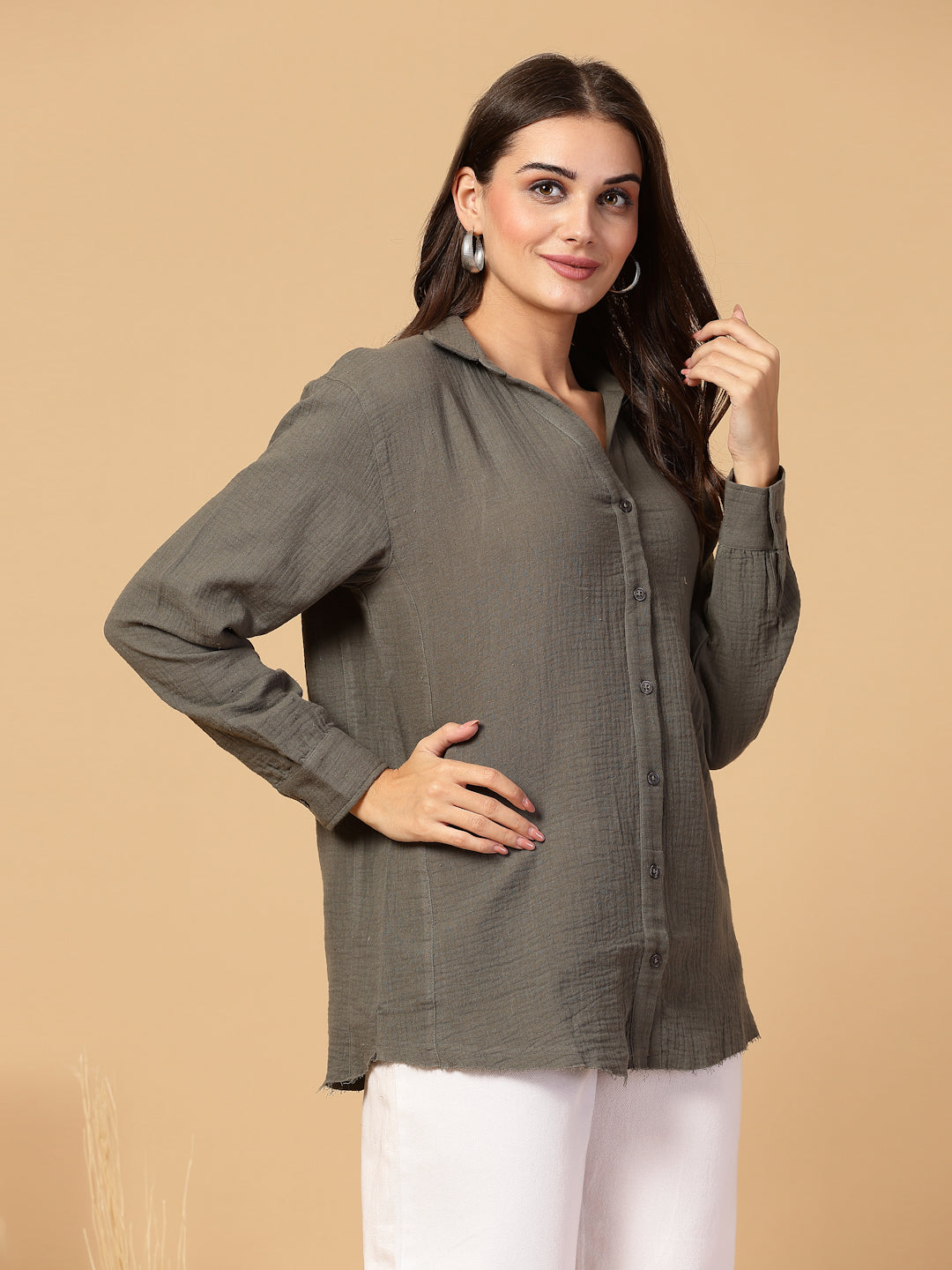 Women's Double Cloth Cotton Oversized Solid Casual Shirt for Women - Olive