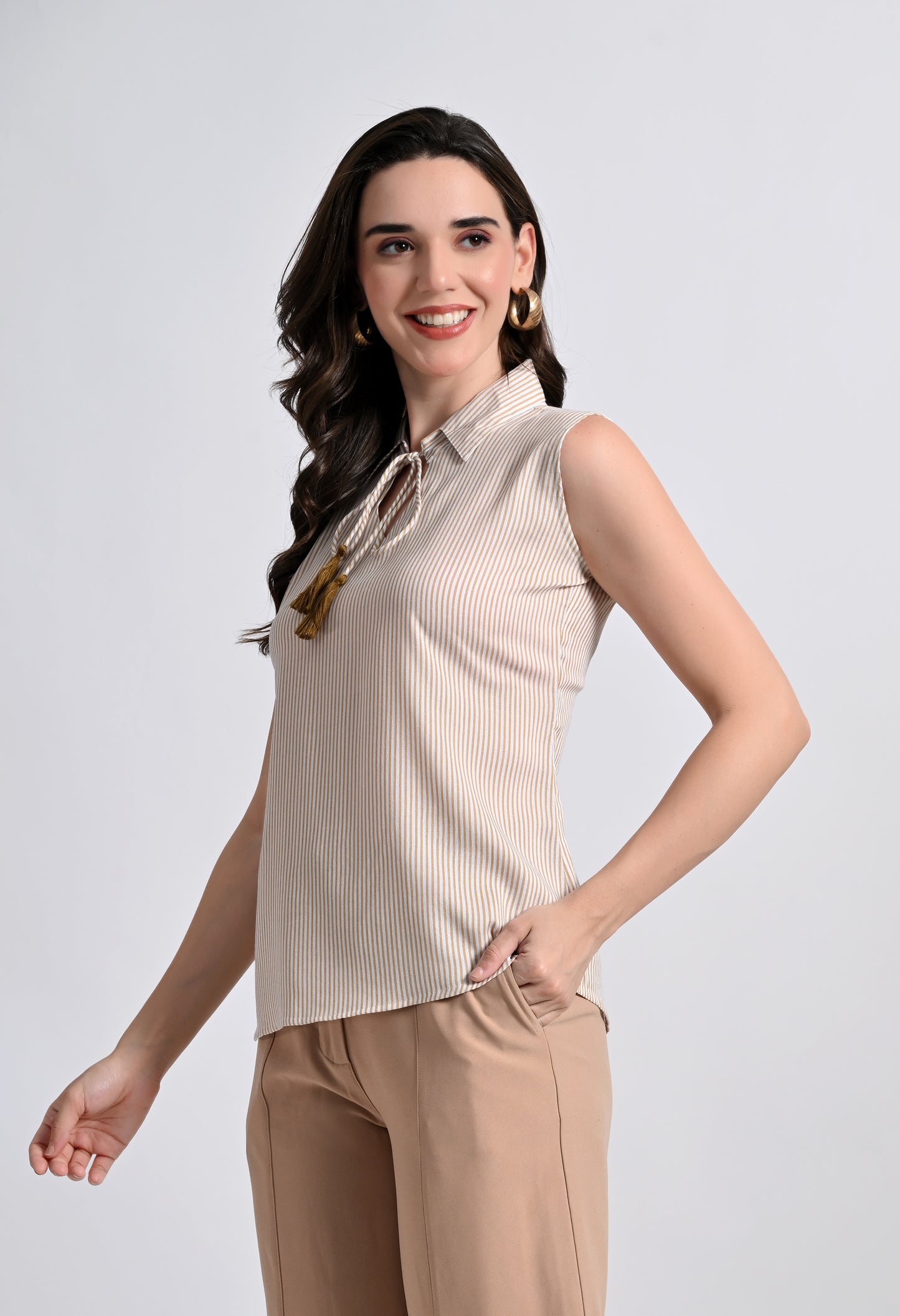 Women's Sleeveless Striped Blouse - Top with Tassel Neck Tie