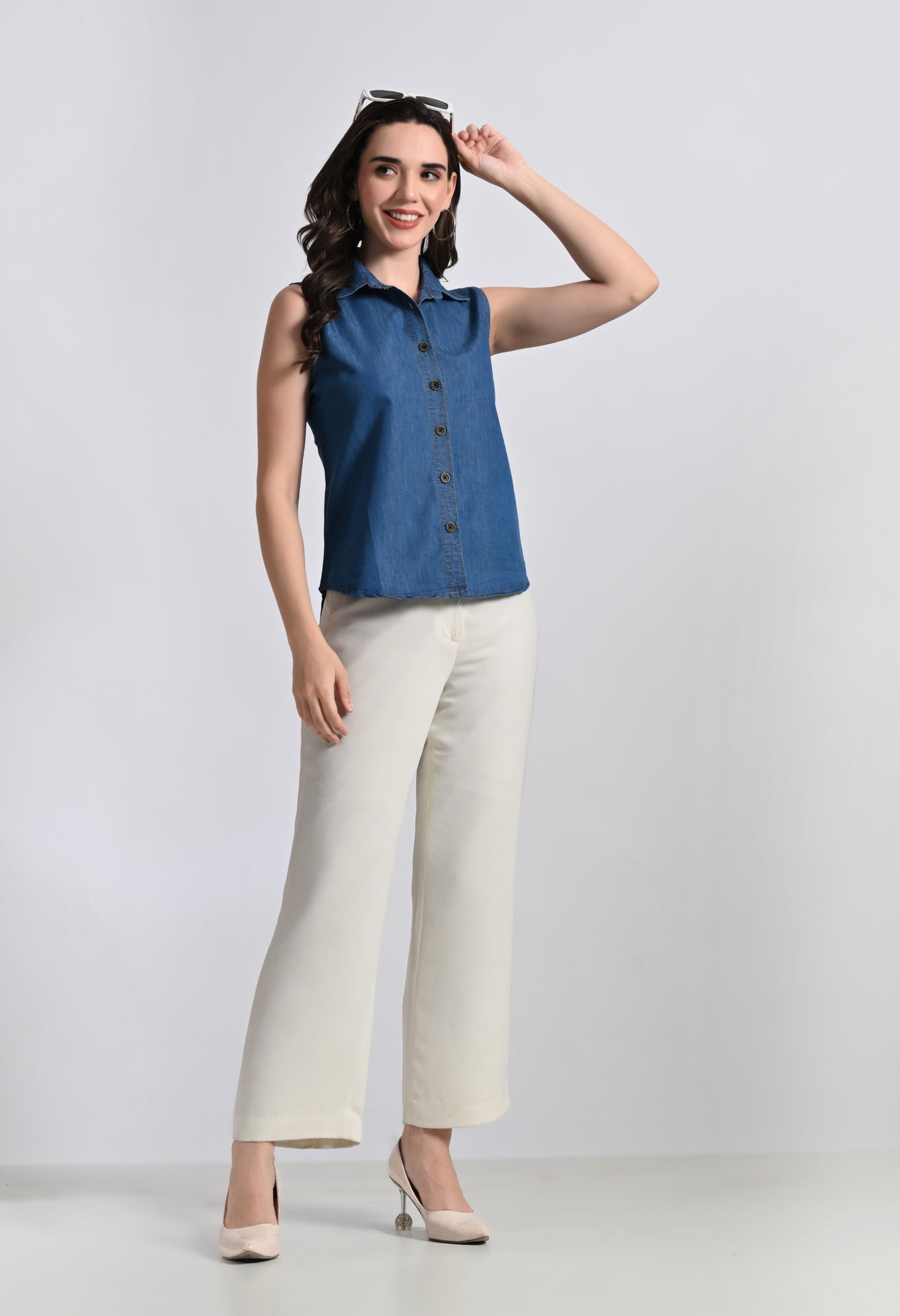 Women's Sleeveless Denim Button Down Cotton Top