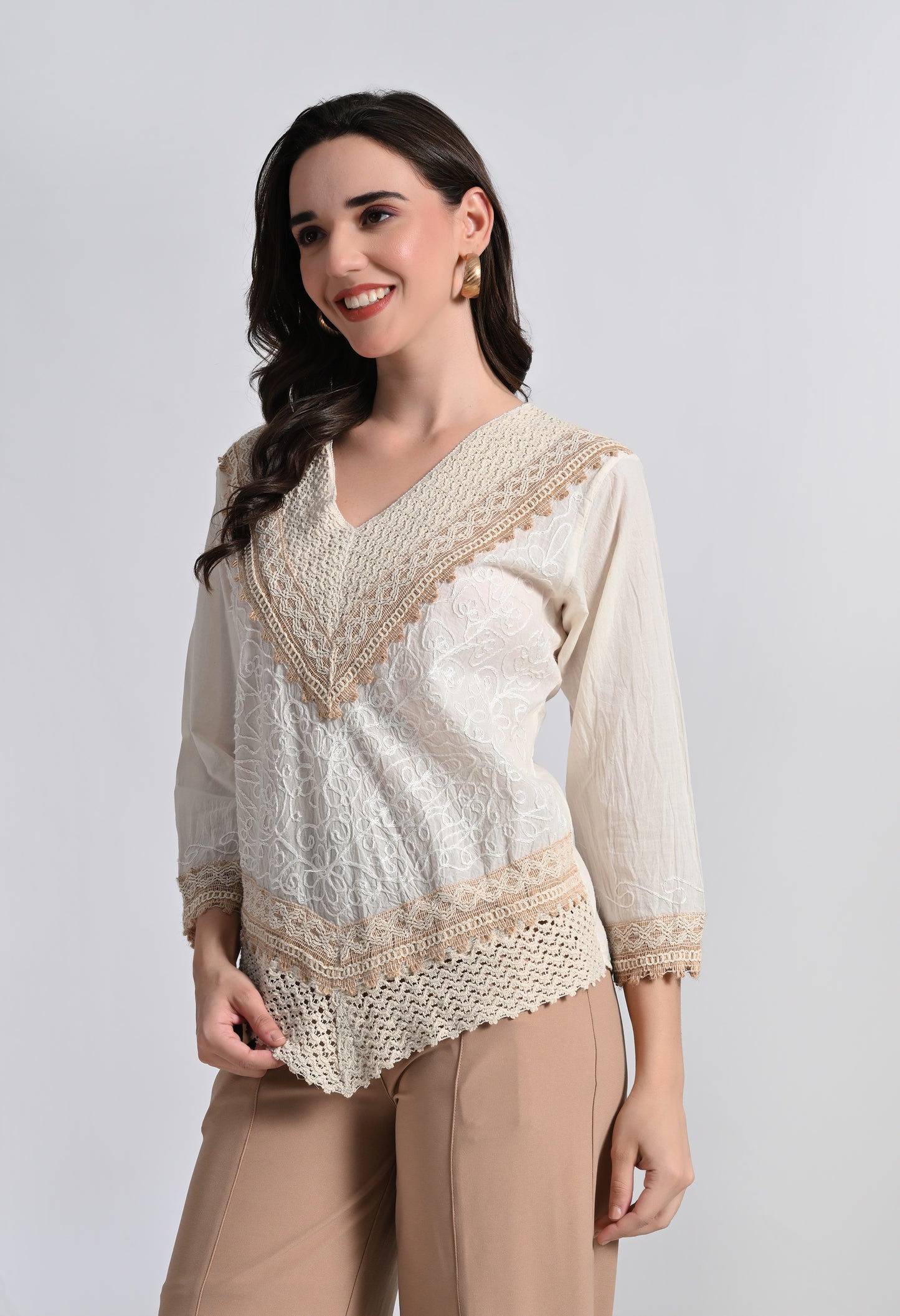 Women's V Neck Embroidered Lace Top - Ivory Cotton Crochet Trim Blouse