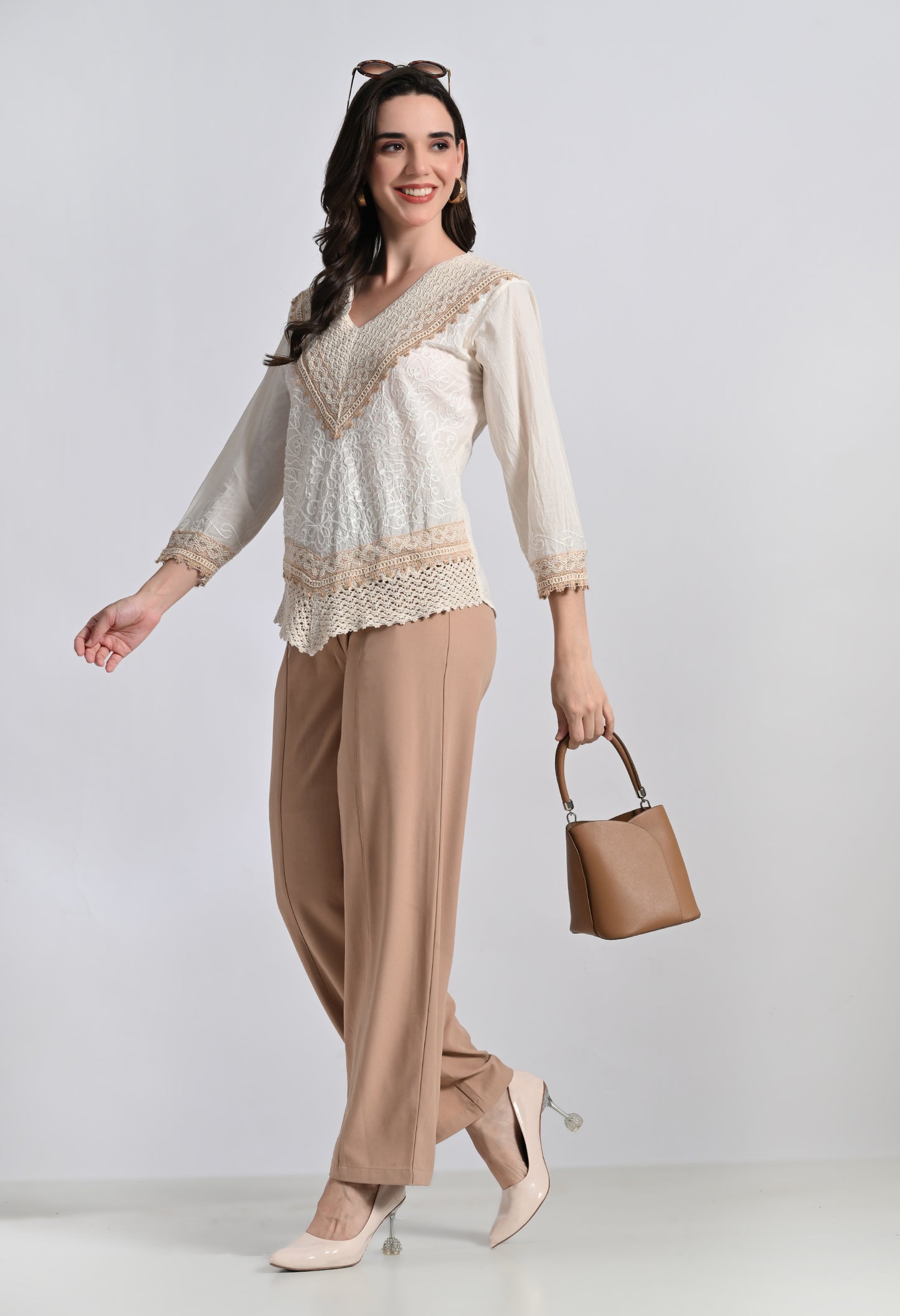 Women's V Neck Embroidered Lace Top - Ivory Cotton Crochet Trim Blouse