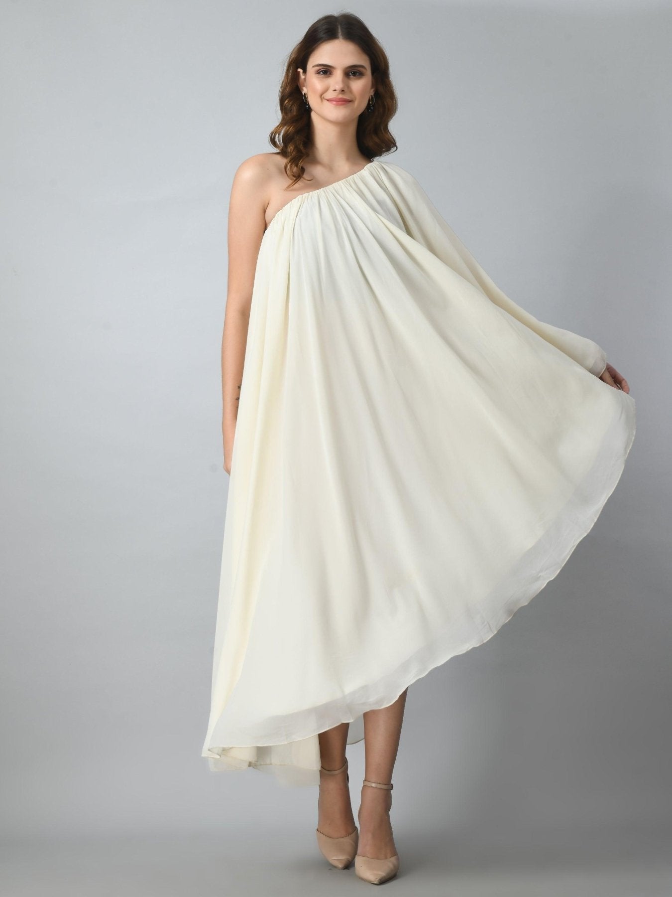 One Piece Georgette Flowy Midi Dress for Women - Cream - SMERA MART