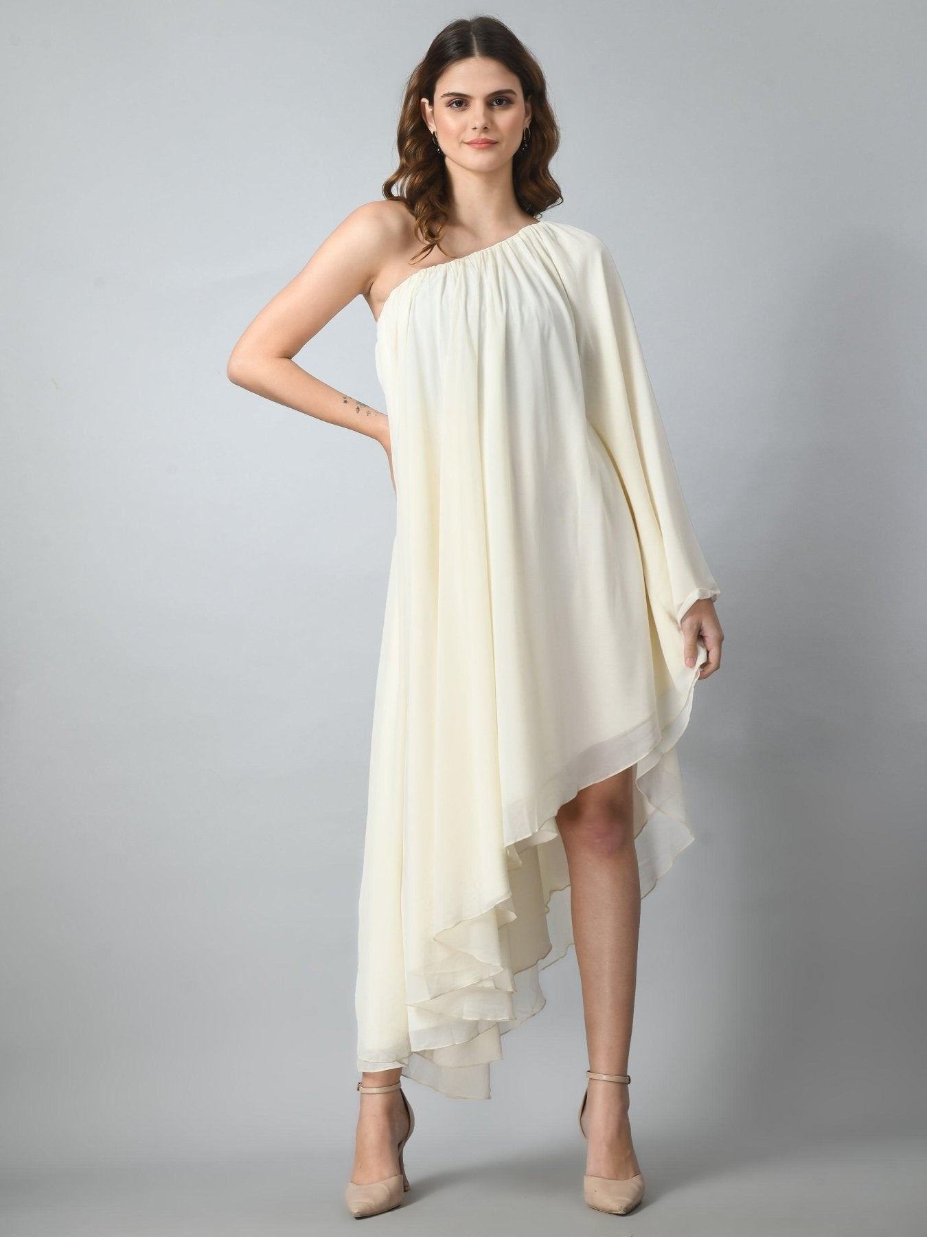 One Piece Georgette Flowy Midi Dress for Women - Cream - SMERA MART