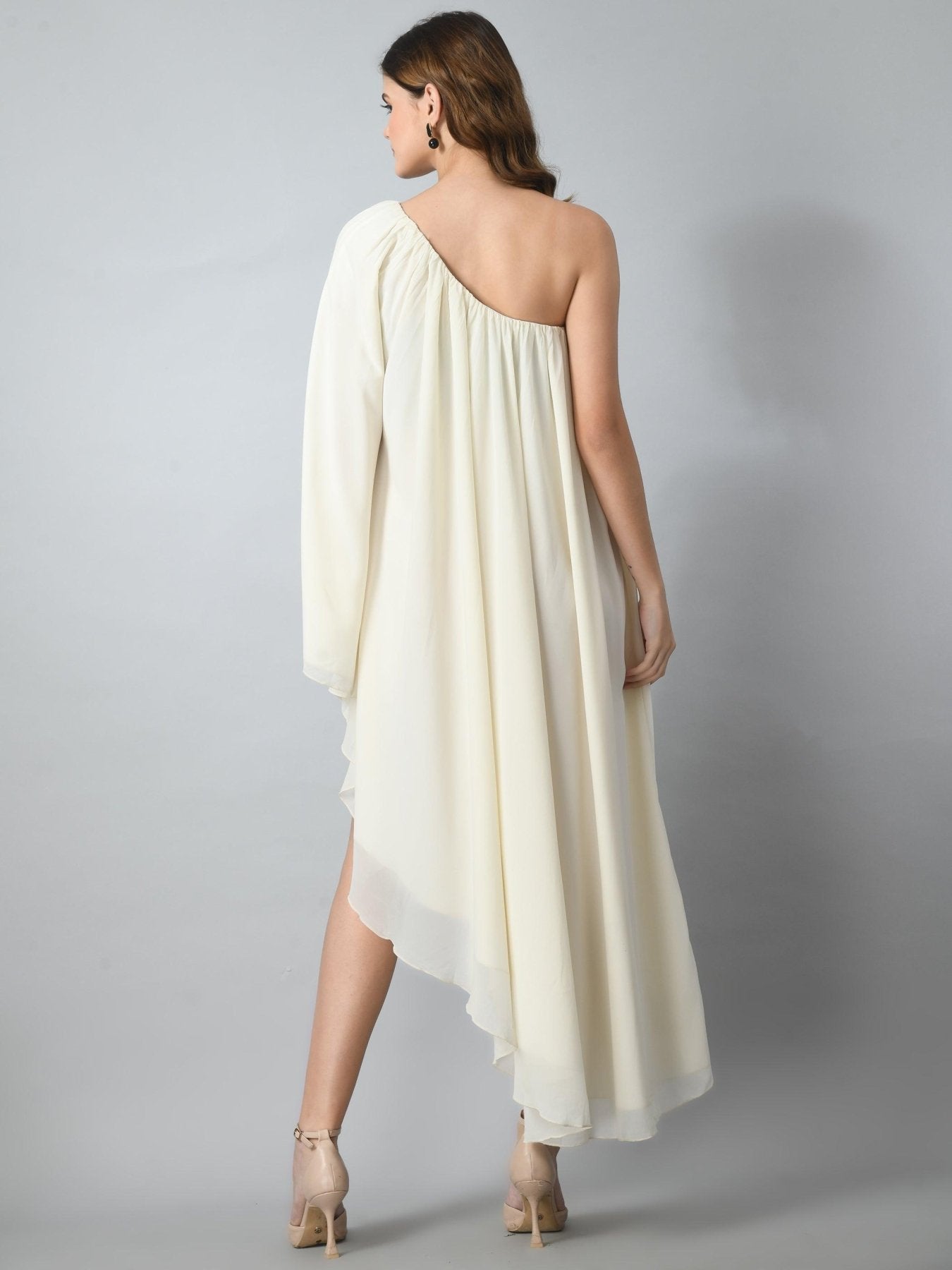 One Piece Georgette Flowy Midi Dress for Women - Cream - SMERA MART
