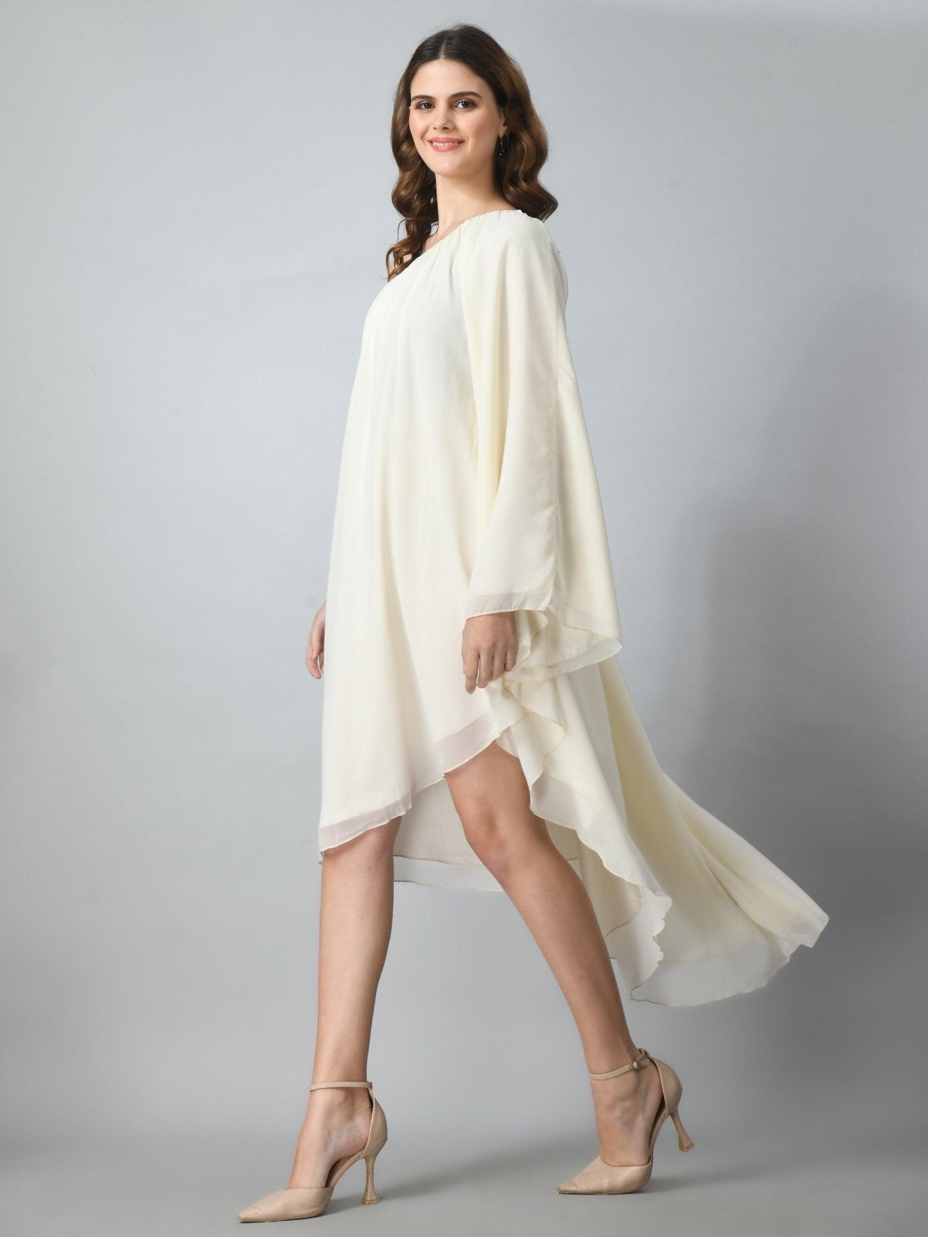 One Piece Georgette Flowy Midi Dress for Women - Cream - SMERA MART