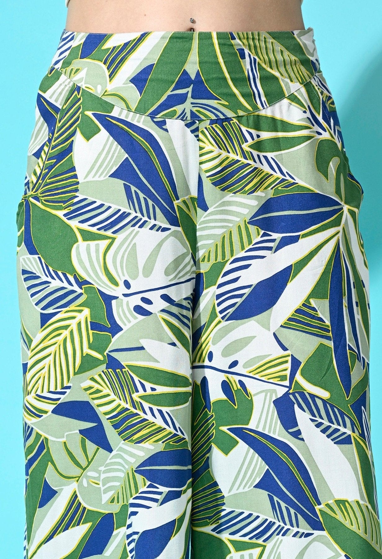 Rayon Printed Women Trouser - Leaf Print Green - SMERA MART