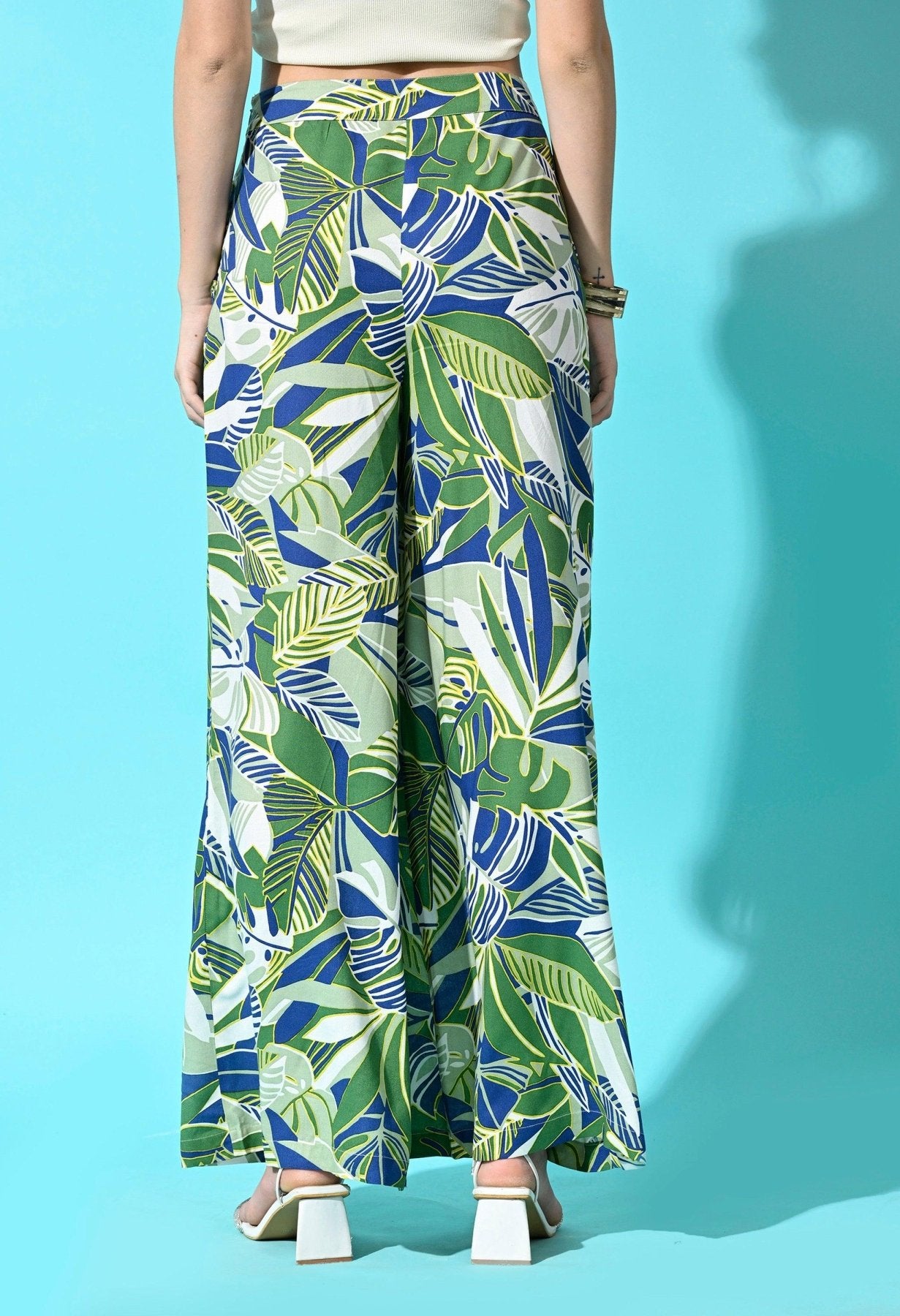 Rayon Printed Women Trouser - Leaf Print Green - SMERA MART