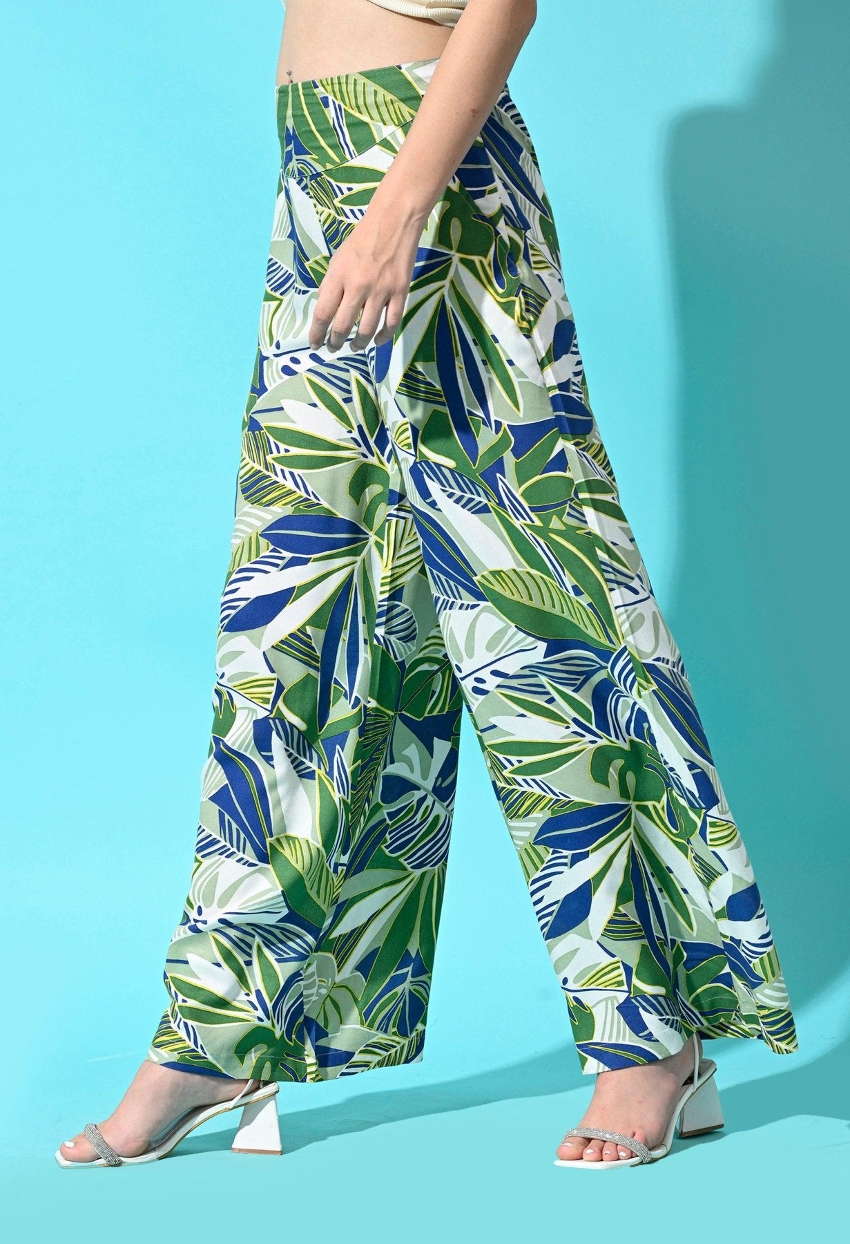 Rayon Printed Women Trouser - Leaf Print Green - SMERA MART