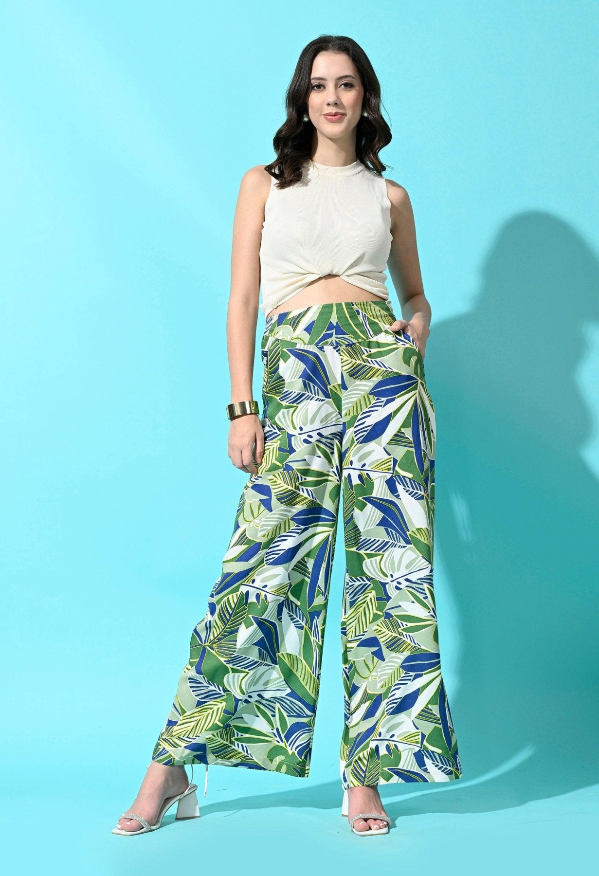 Rayon Printed Women Trouser - Leaf Print Green - SMERA MART