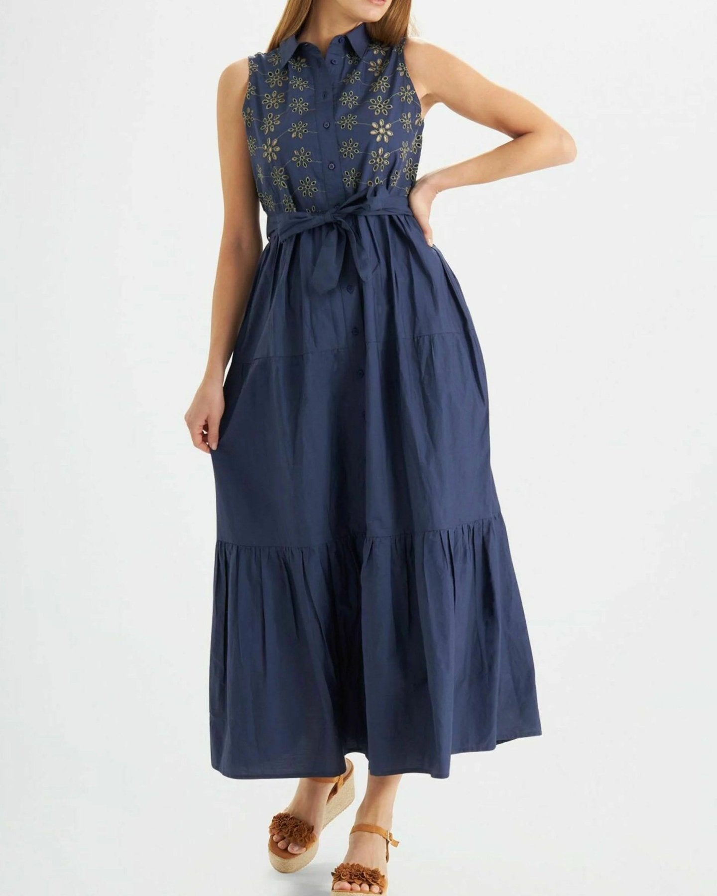 Women Blue Embroidery 100% Cotton Maxi/Full Length Shirt Dress - SMERA MART