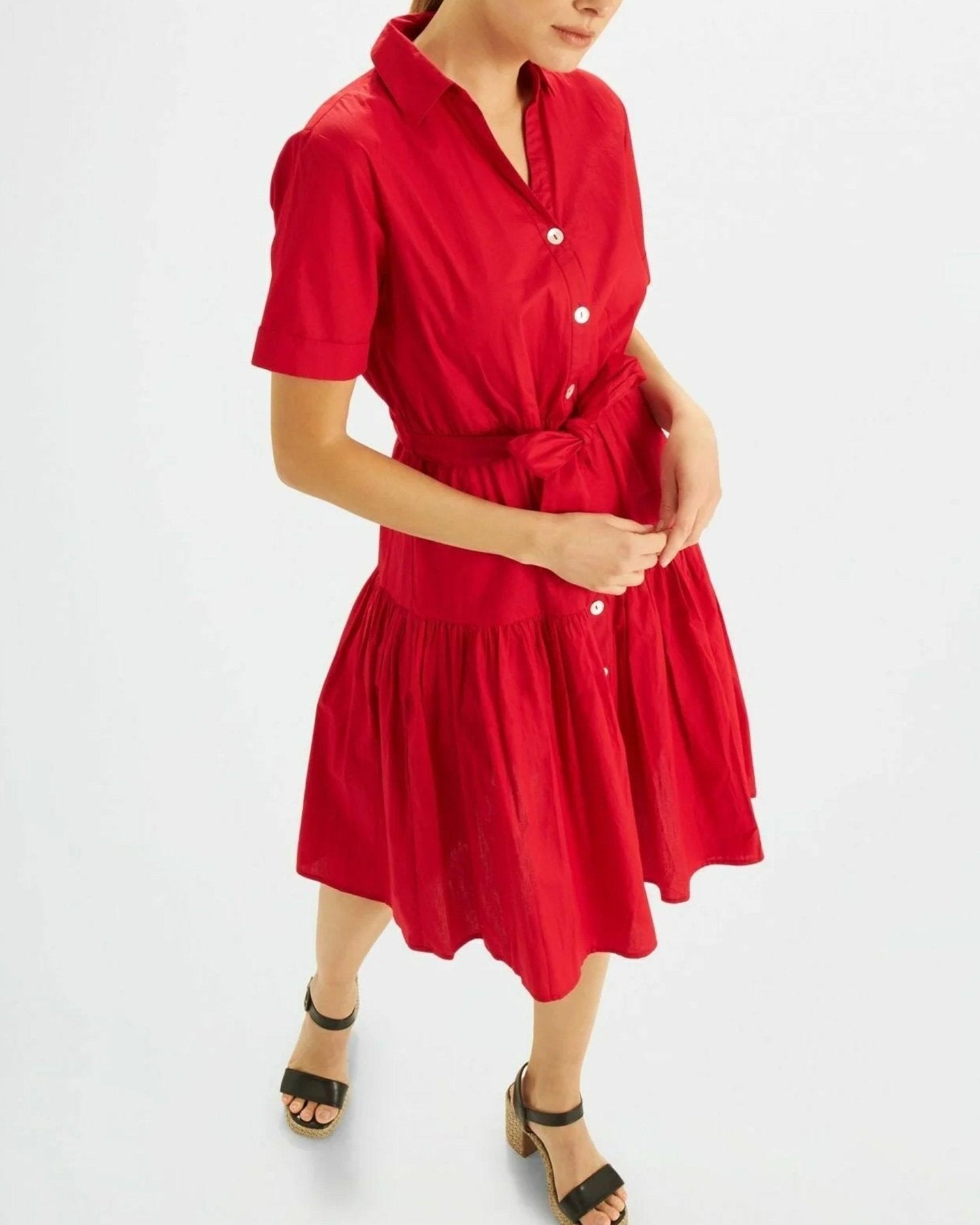 Women Solid 100% Premium Cotton Midi Shirt Dress - SMERA MART