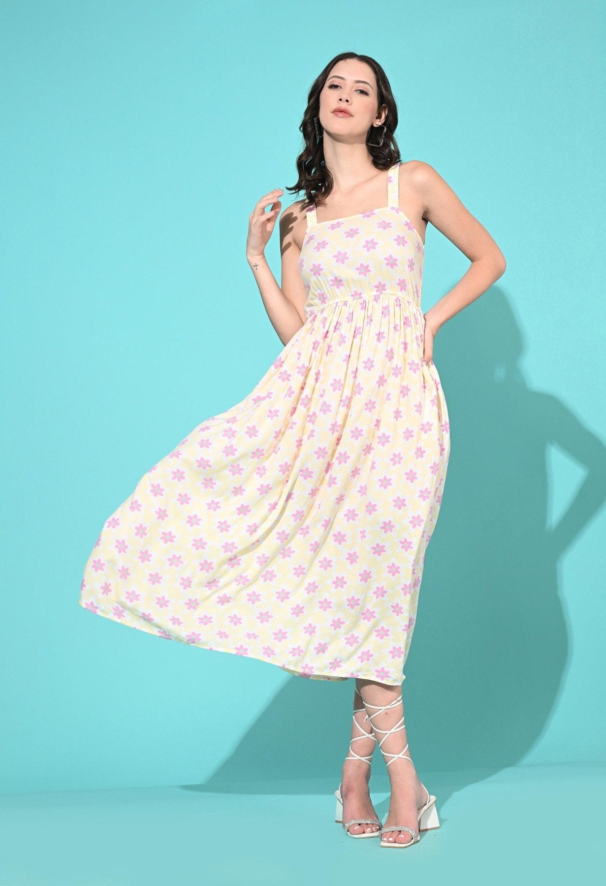 Women Western Summer Rayon Printed A Line Dress - Yellow - SMERA MART