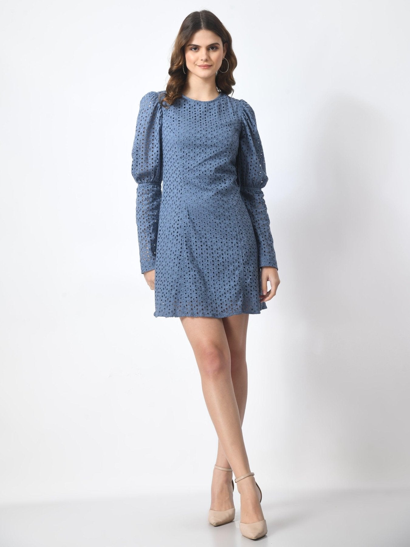 Women's 100% Cotton Schiffli Long Sleeve Sheath Mini Dress - Blue - SMERA MART