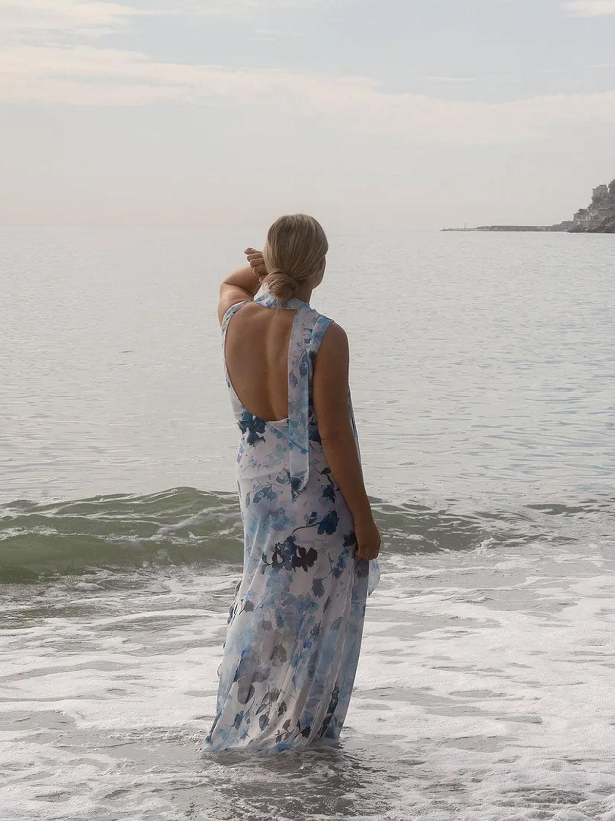 Women's 100% Polyester Back Open Sleeveless Printed Maxi Dress - Blue - SMERA MART