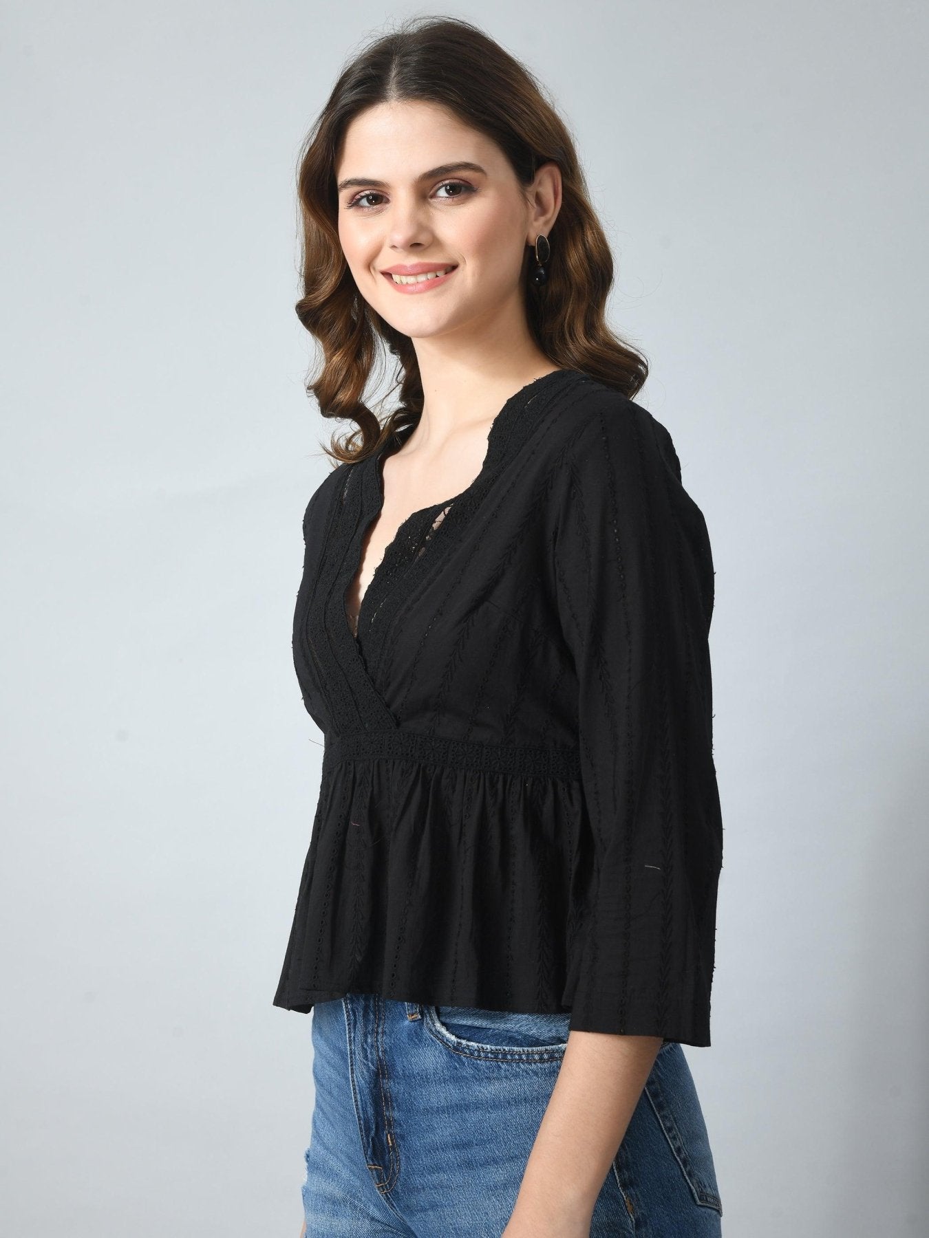 Womens Cotton Cropped V - Neck Crochet Top - SMERA MART