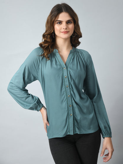 SMERA MART Women's Viscose Button-Down Long Sleeve Blouse Top - Teal Green