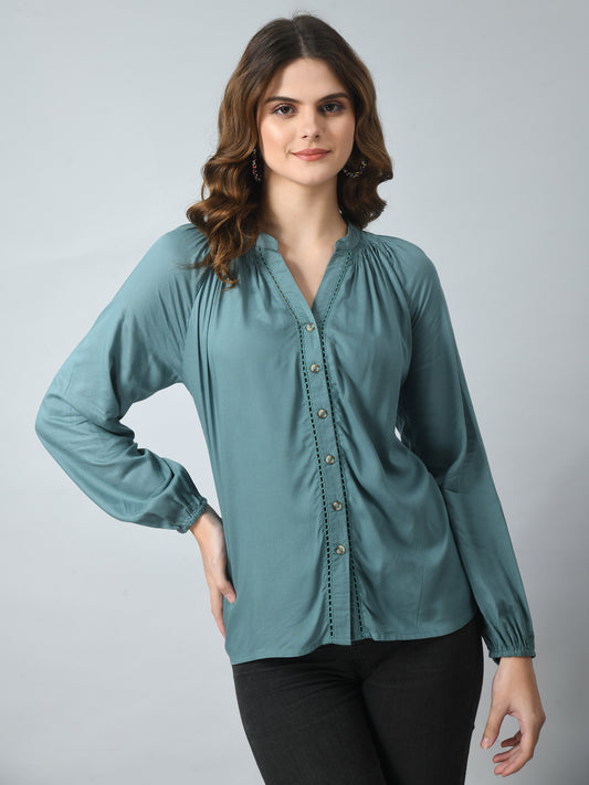 SMERA MART Women's Viscose Button-Down Long Sleeve Blouse Top - Teal Green
