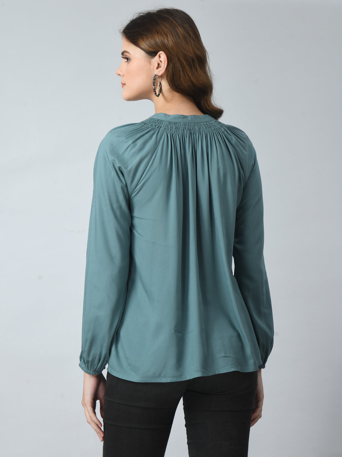 SMERA MART Women's Viscose Button-Down Long Sleeve Blouse Top - Teal Green