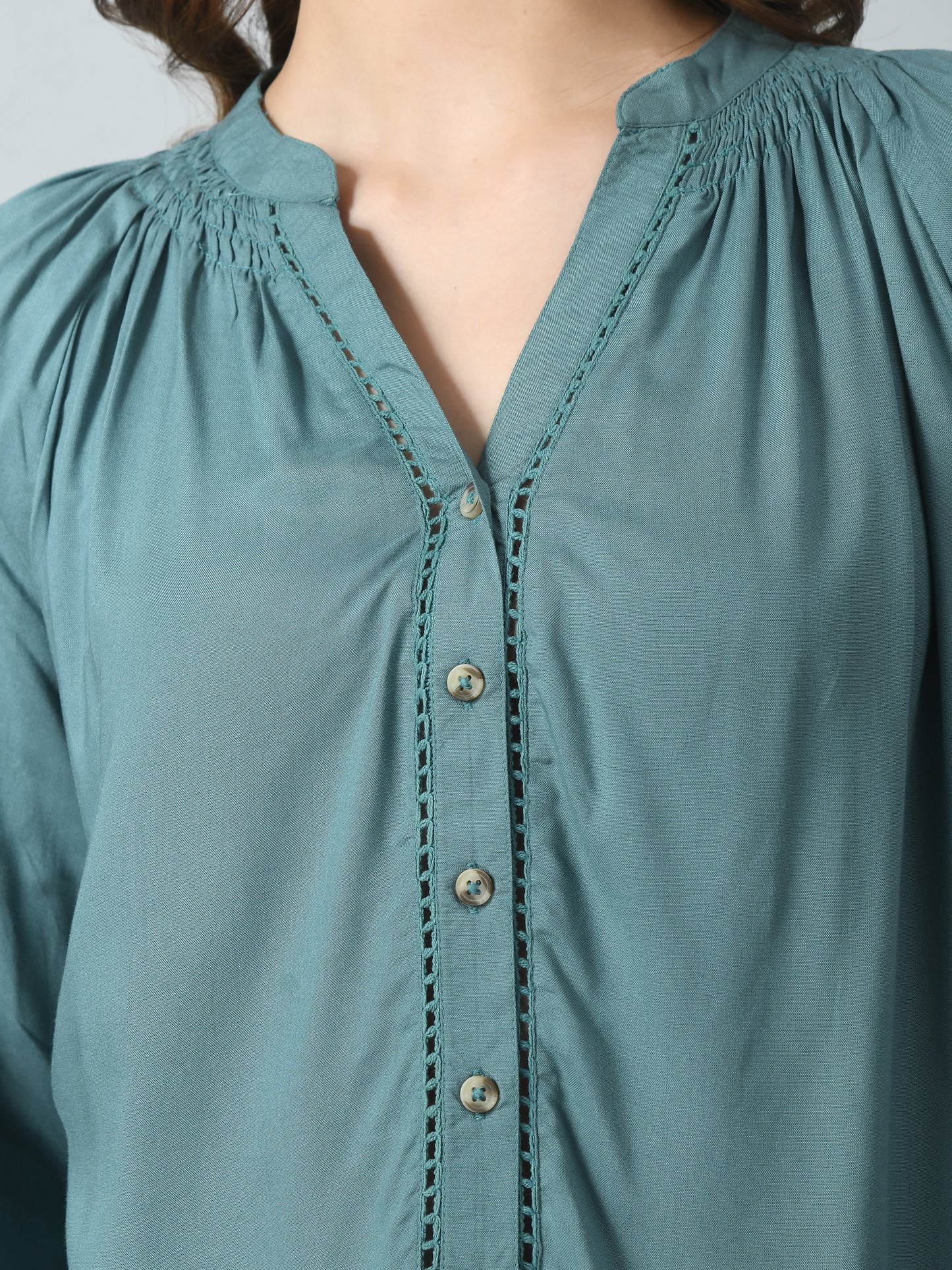 SMERA MART Women's Viscose Button-Down Long Sleeve Blouse Top - Teal Green