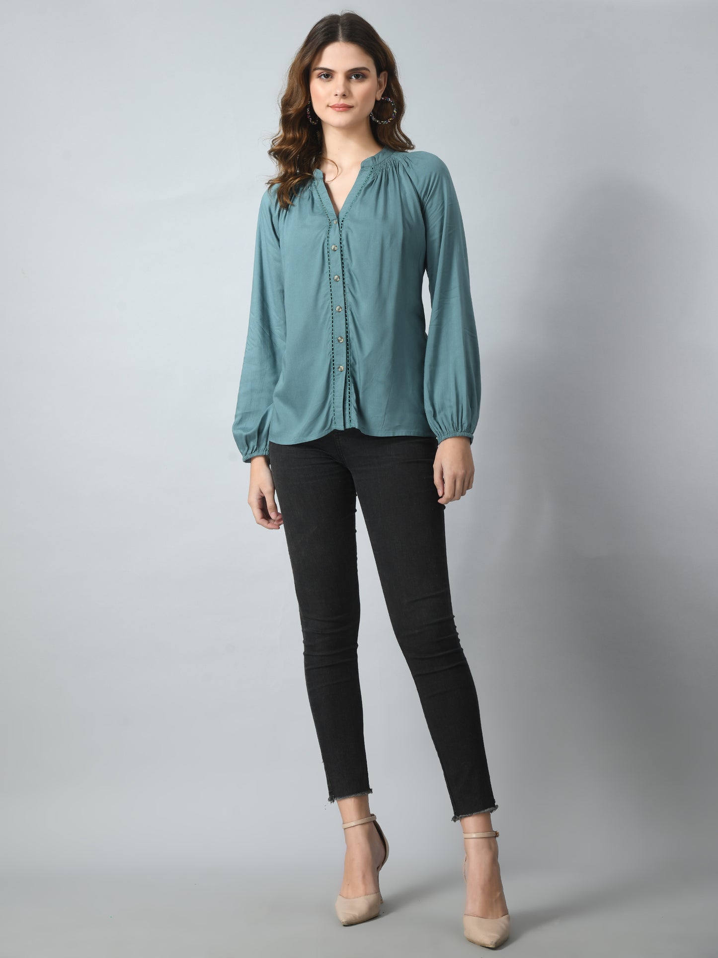 SMERA MART Women's Viscose Button-Down Long Sleeve Blouse Top - Teal Green
