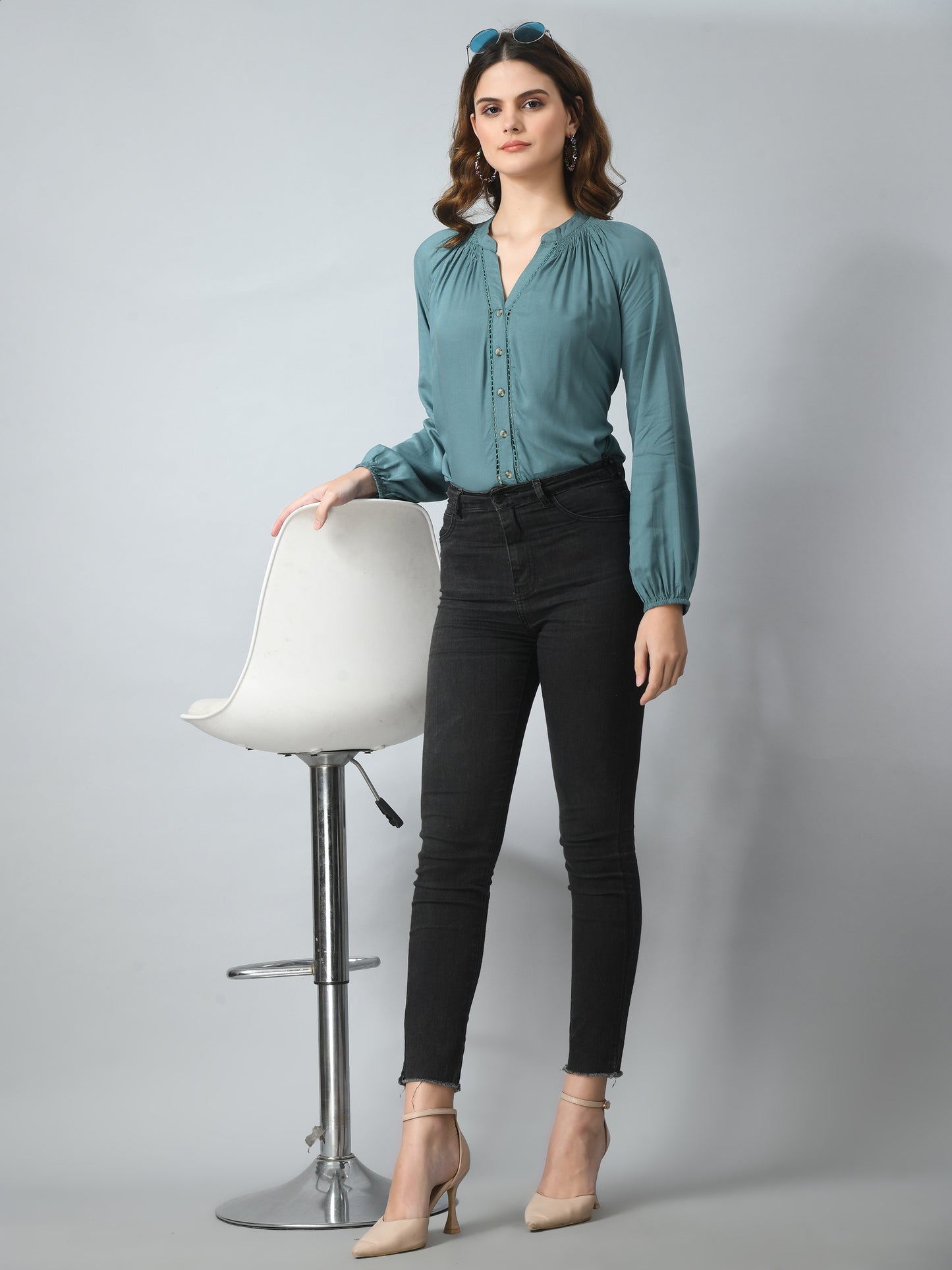 SMERA MART Women's Viscose Button-Down Long Sleeve Blouse Top - Teal Green