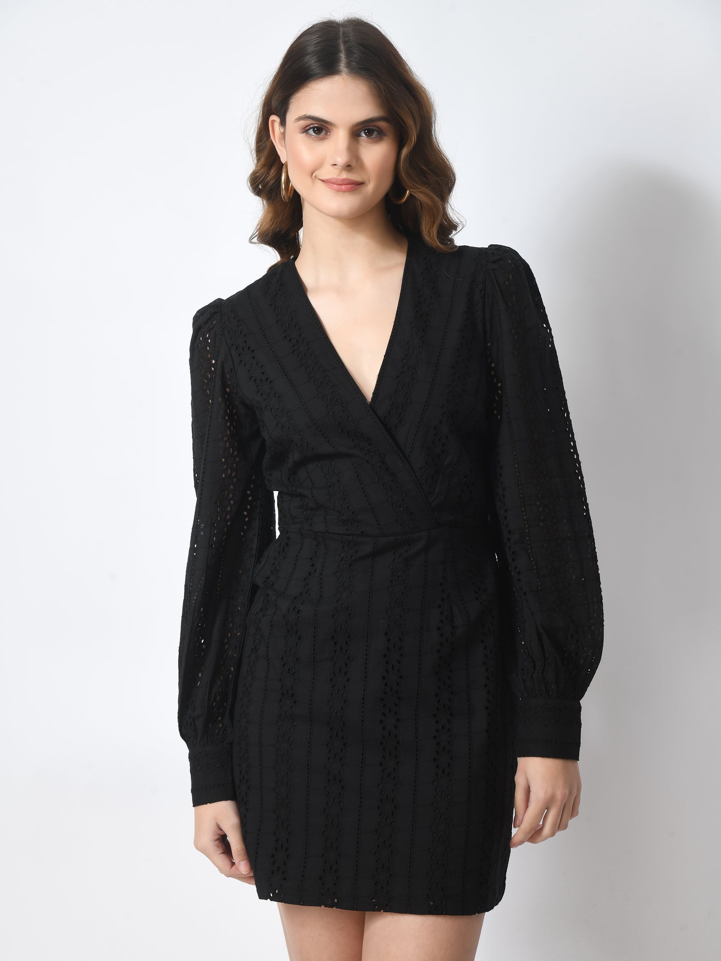Women 100% Cotton Schiffli Mini Dress - Black
