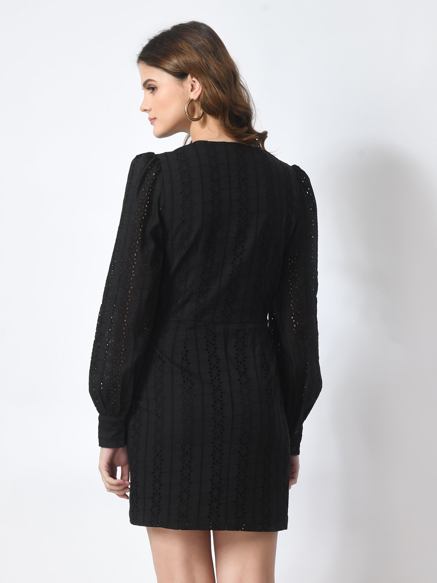 Women 100% Cotton Schiffli Mini Dress - Black