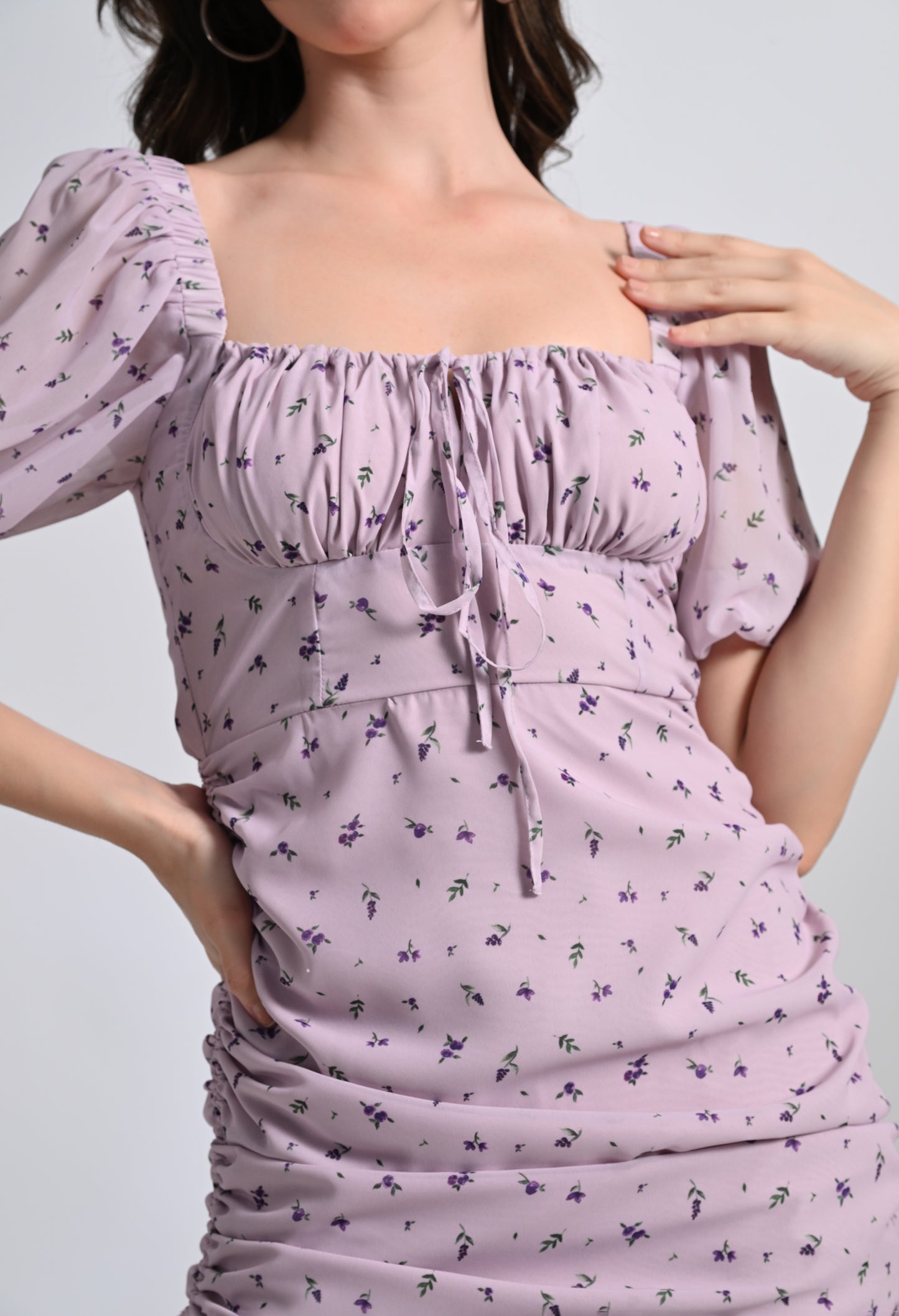 Womens Drawstring Ruched Bodycon Mini Dress - Purple