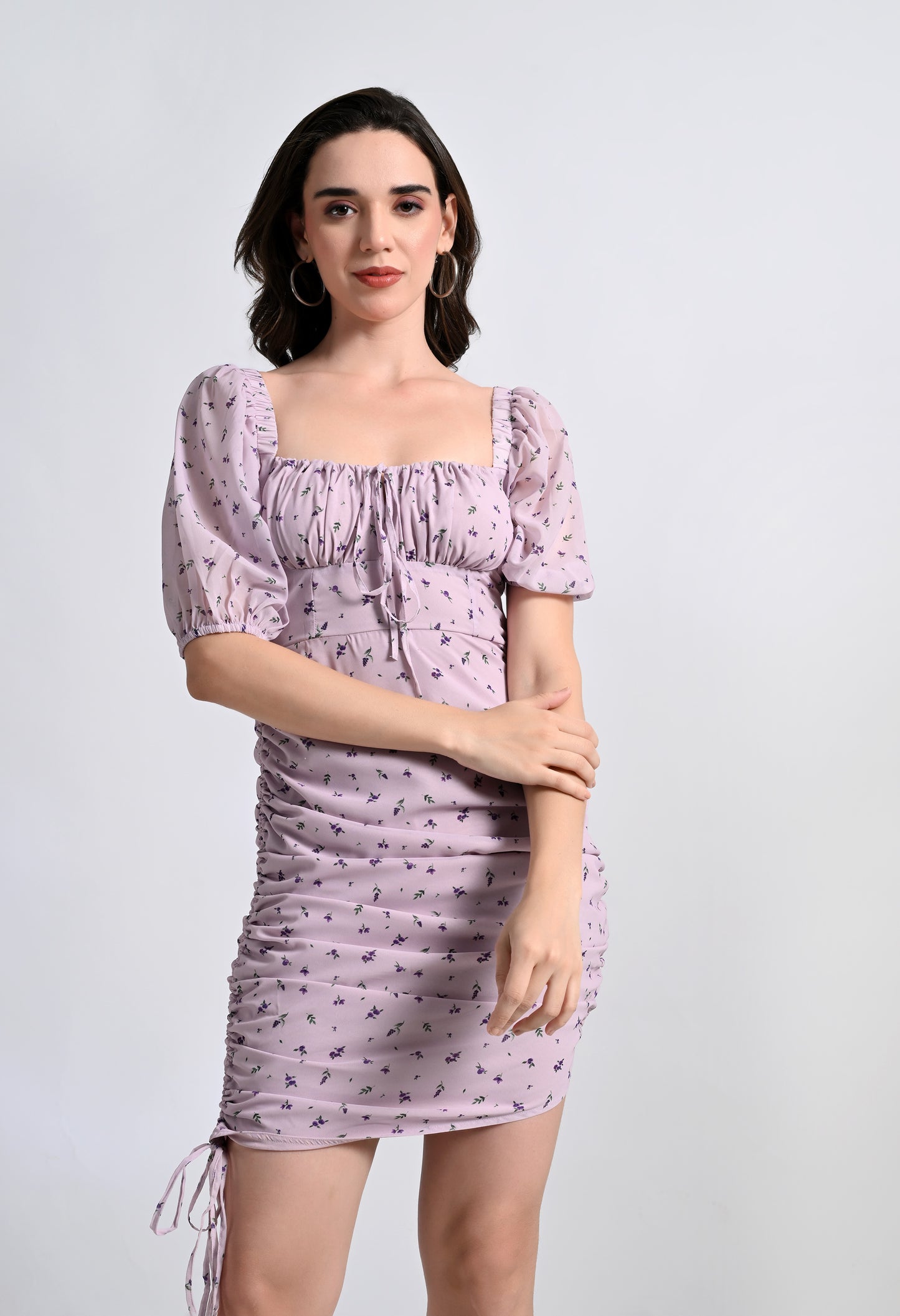 Womens Drawstring Ruched Bodycon Mini Dress - Purple