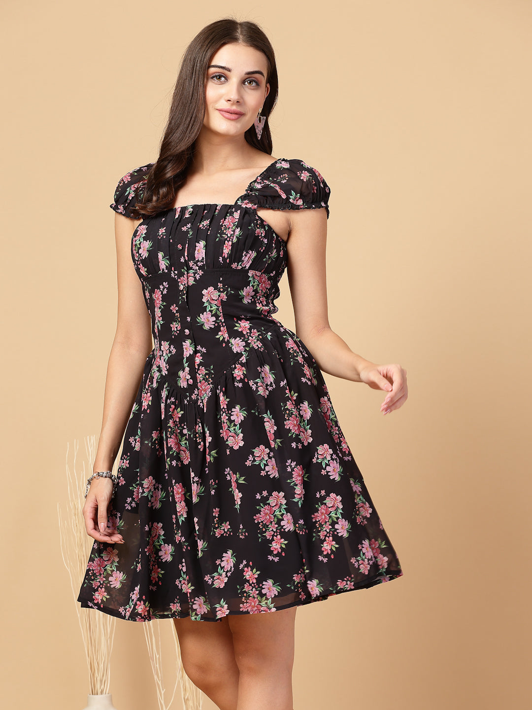 Square Neck Floral Corset Smocked Back Black Mini Dress