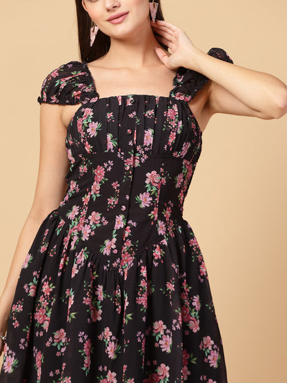 Square Neck Floral Corset Smocked Back Black Mini Dress