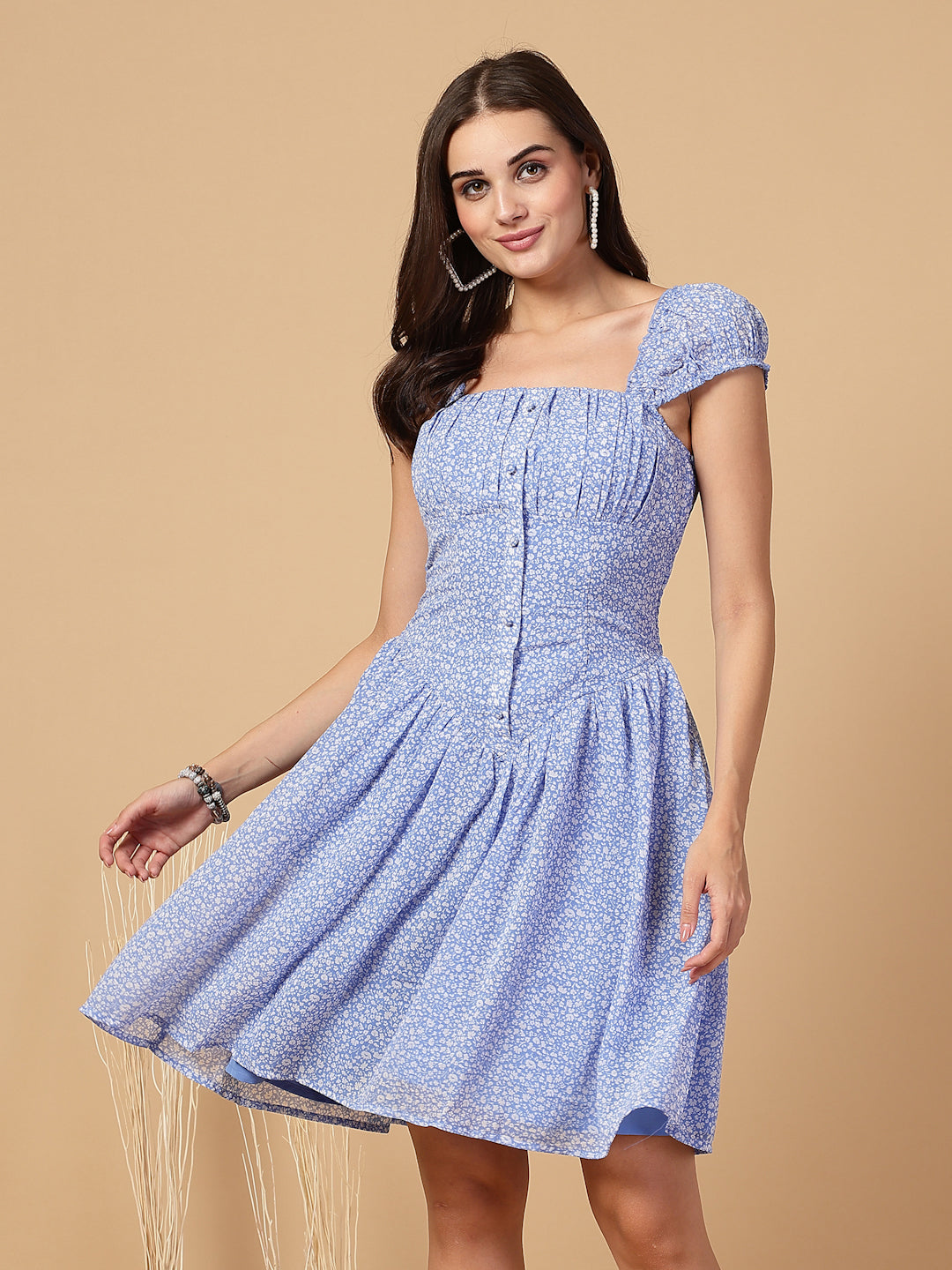 Square Neck Floral Corset Smocked Back Blue Mini Dress