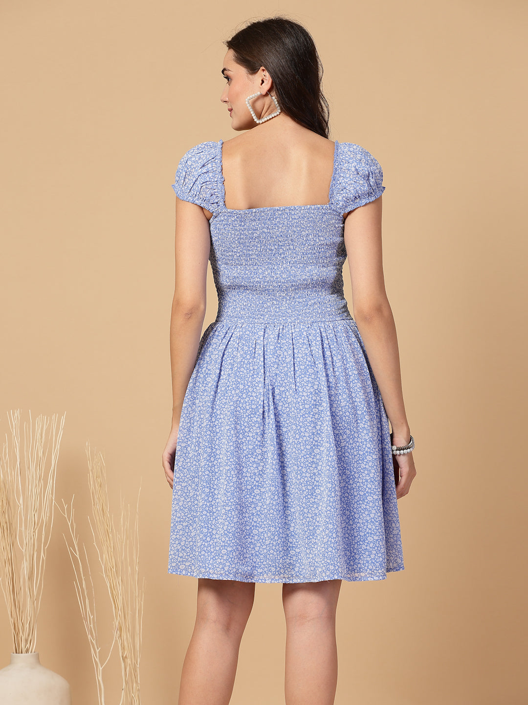 Square Neck Floral Corset Smocked Back Blue Mini Dress