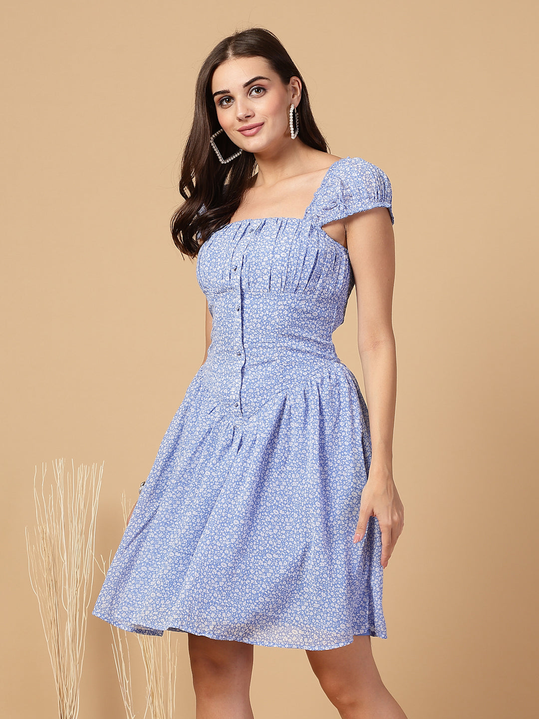 Square Neck Floral Corset Smocked Back Blue Mini Dress