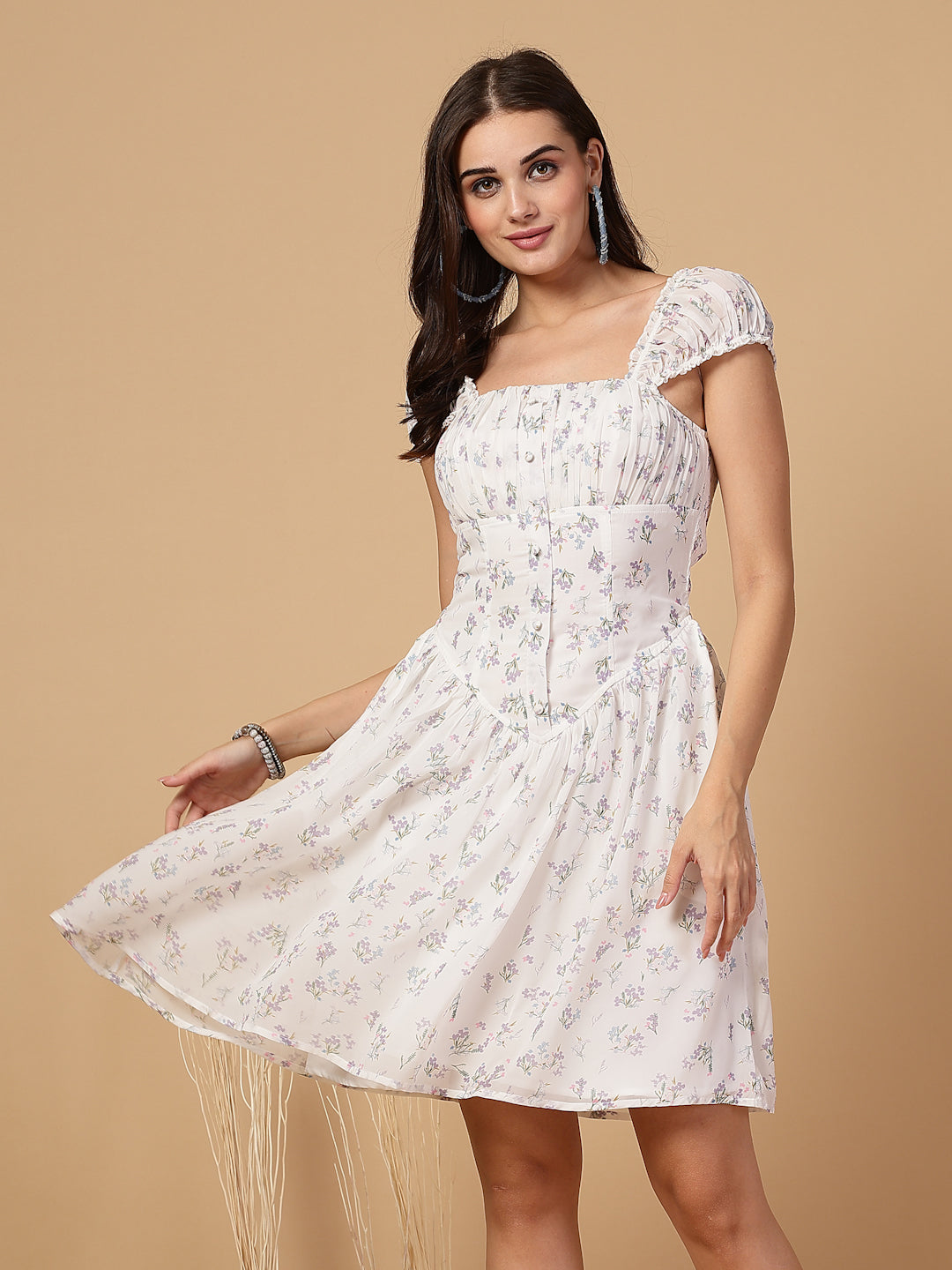 Square Neck Floral Corset Smocked Back White Mini Dress