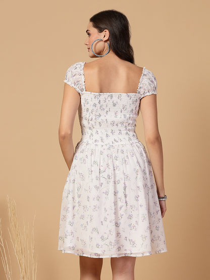 Square Neck Floral Corset Smocked Back White Mini Dress