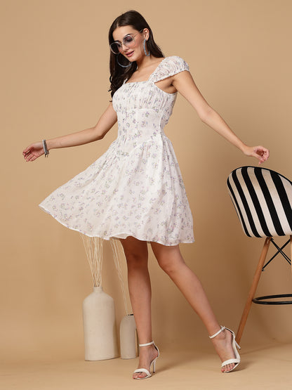 Square Neck Floral Corset Smocked Back White Mini Dress
