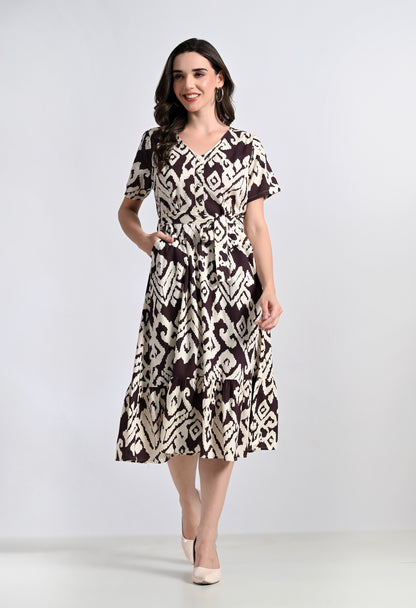 SMERA MART Women's V-Neck Ikat Print Midi Dress