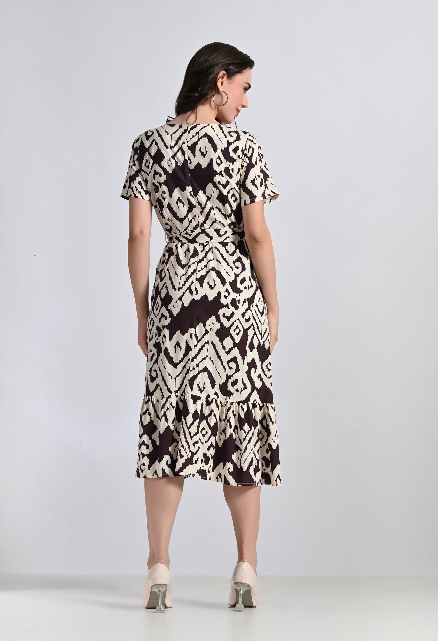 SMERA MART Women's V-Neck Ikat Print Midi Dress